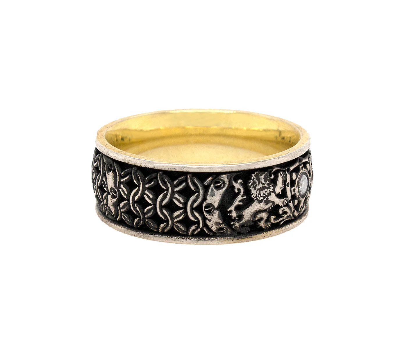 8mm Custom Made Silver Ring with Yellow Gold Plated Interior, Medieval Style Designs, 2 Lions, Shield and Center Diamond - Image 5