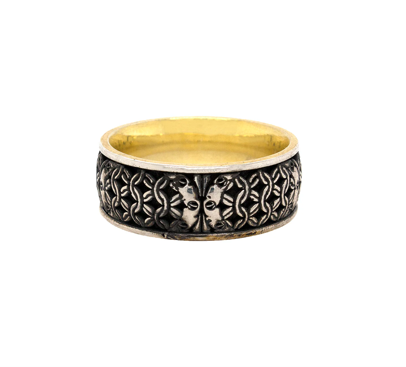 8mm Custom Made Silver Ring with Yellow Gold Plated Interior, Medieval Style Designs, 2 Lions, Shield and Center Diamond - Image 6