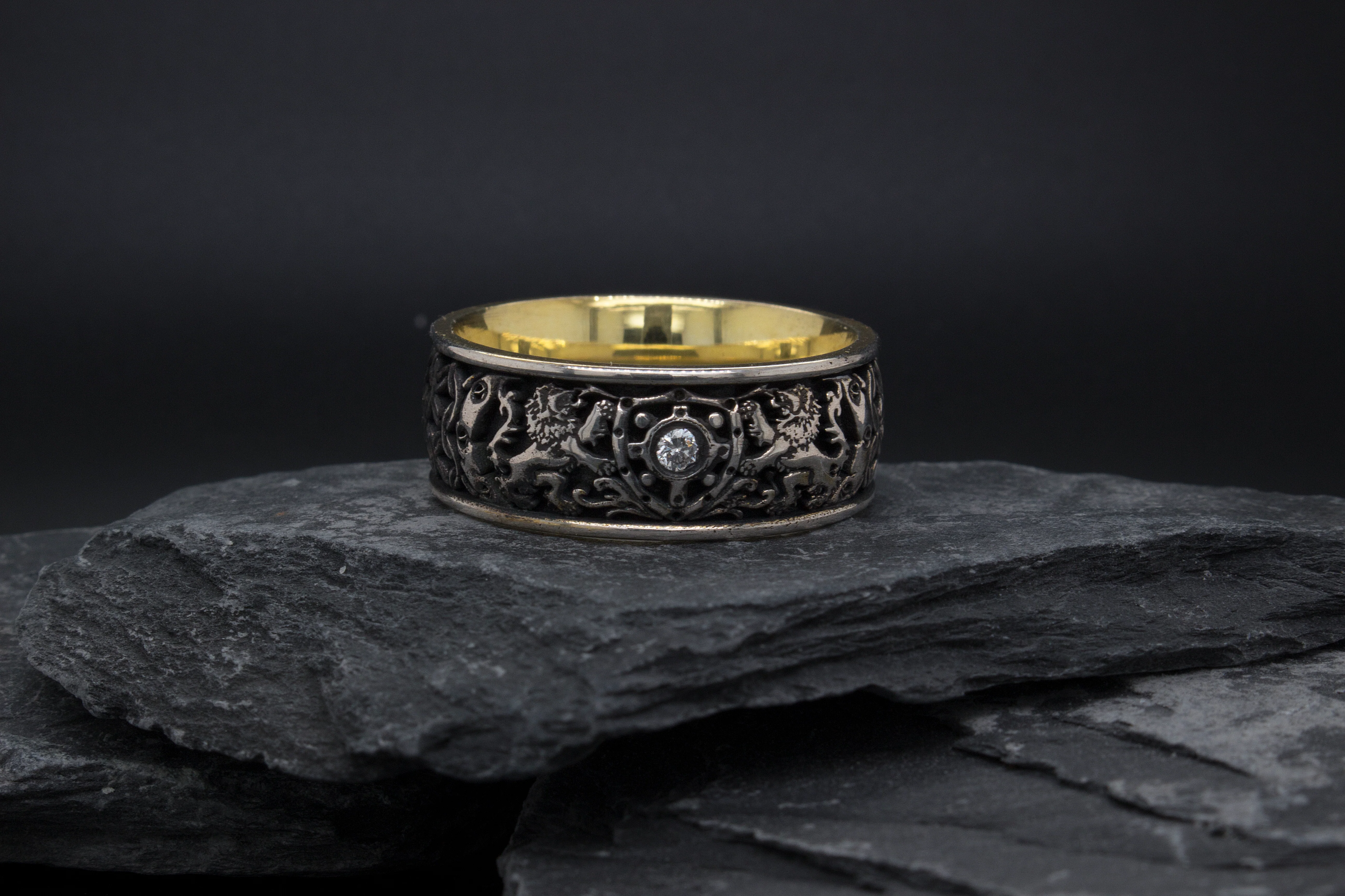 8mm Custom Made Silver Ring with Yellow Gold Plated Interior, Medieval Style Designs, 2 Lions, Shield and Center Diamond - Image 7