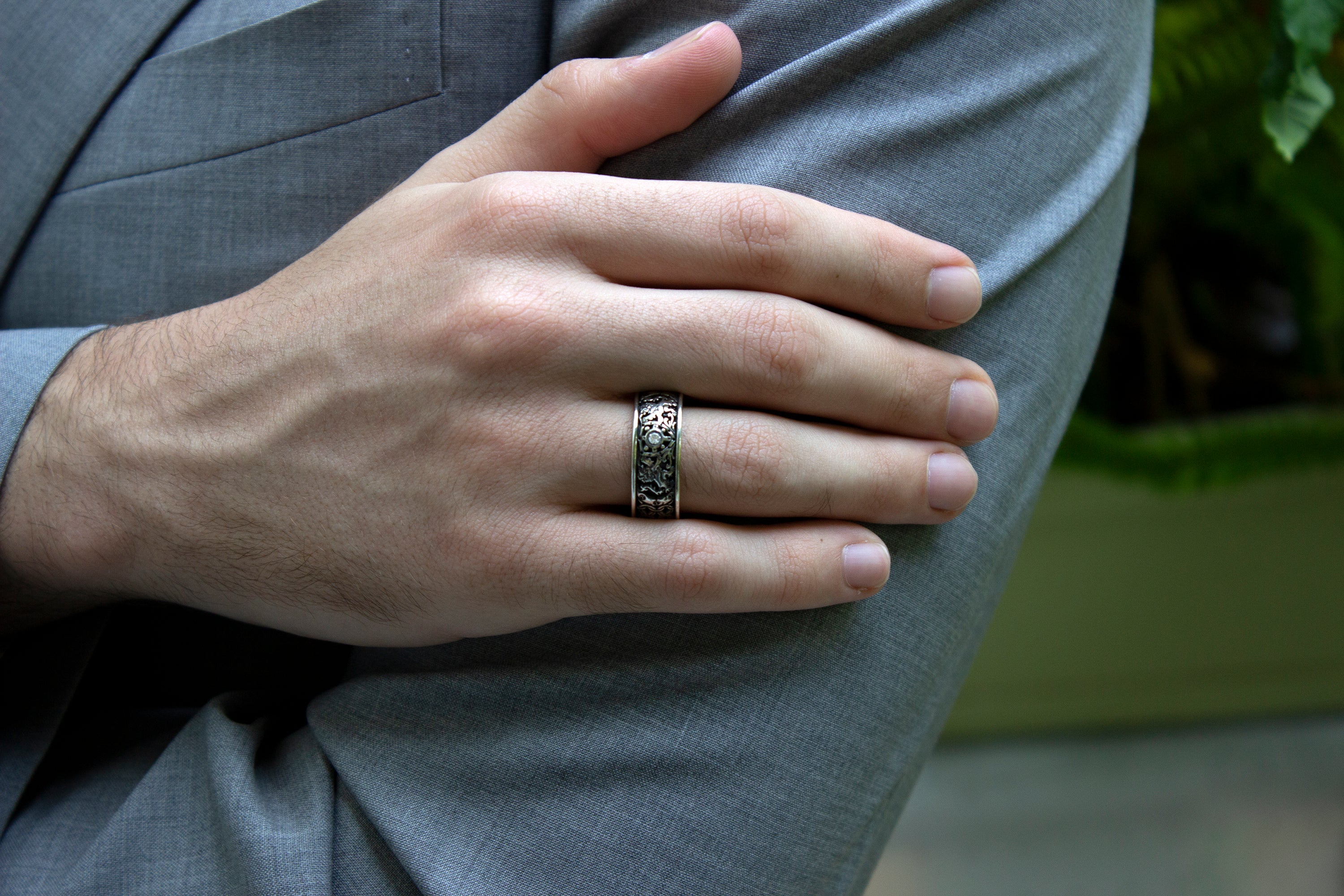 8mm Custom Made Silver Ring with Yellow Gold Plated Interior, Medieval Style Designs, 2 Lions, Shield and Center Diamond - Image 8