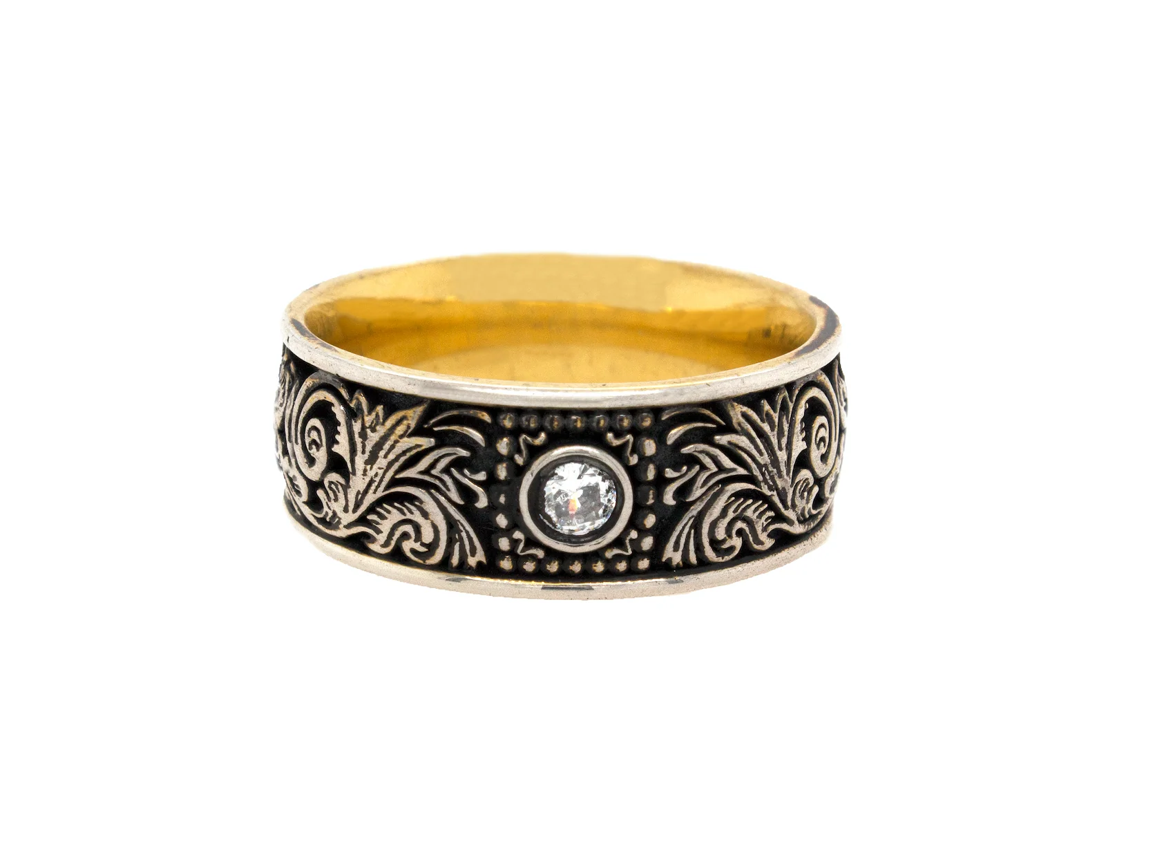 8mm Custom Made Silver Ring with Yellow Gold Plated Interior, Victorian Style Design and Round Shaped Diamond - Image 3