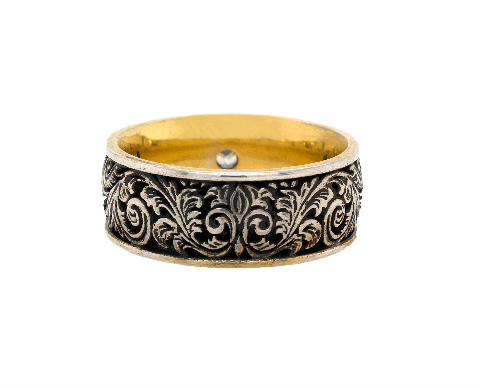 8mm Custom Made Silver Ring with Yellow Gold Plated Interior, Victorian Style Design and Round Shaped Diamond - Image 6