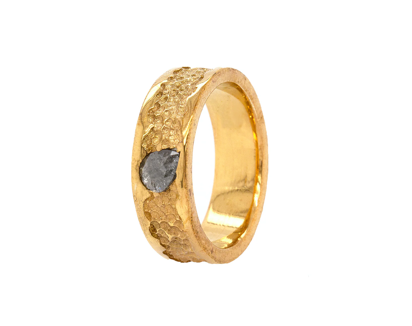 8mm Custom Made, Solid Gold Ring with Hammered Center and Rough Cut Salt and Pepper Diamond - Image 3