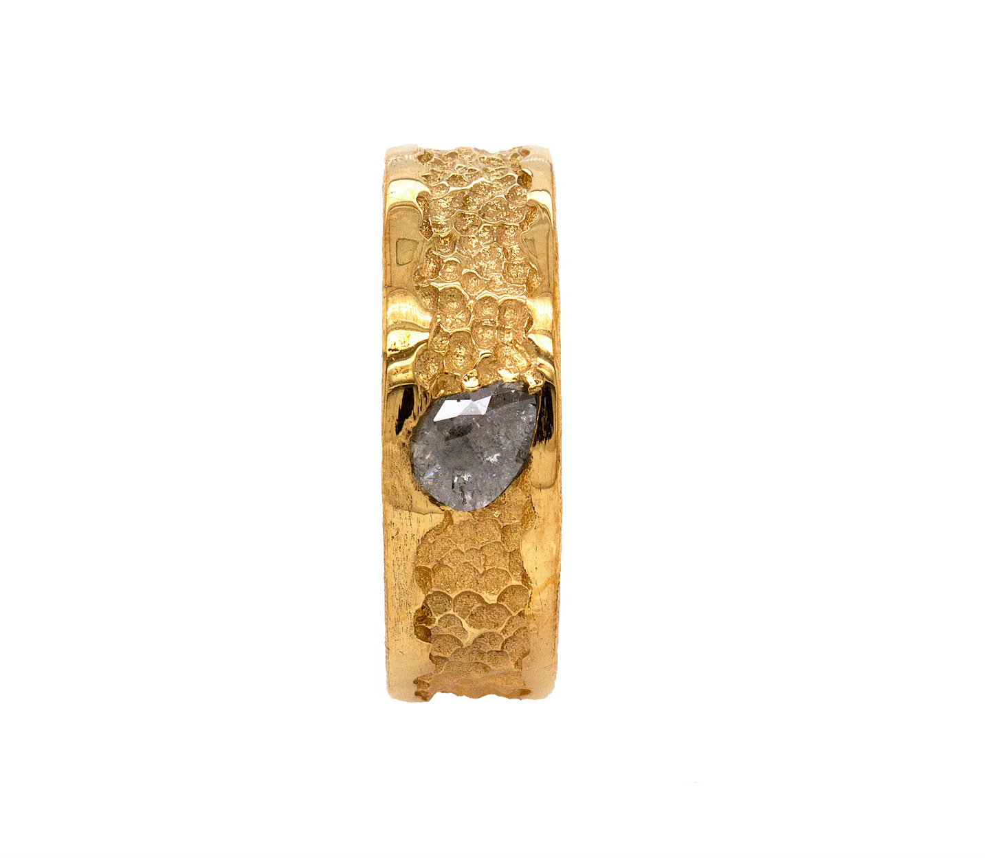 8mm Custom Made, Solid Gold Ring with Hammered Center and Rough Cut Salt and Pepper Diamond - Image 4