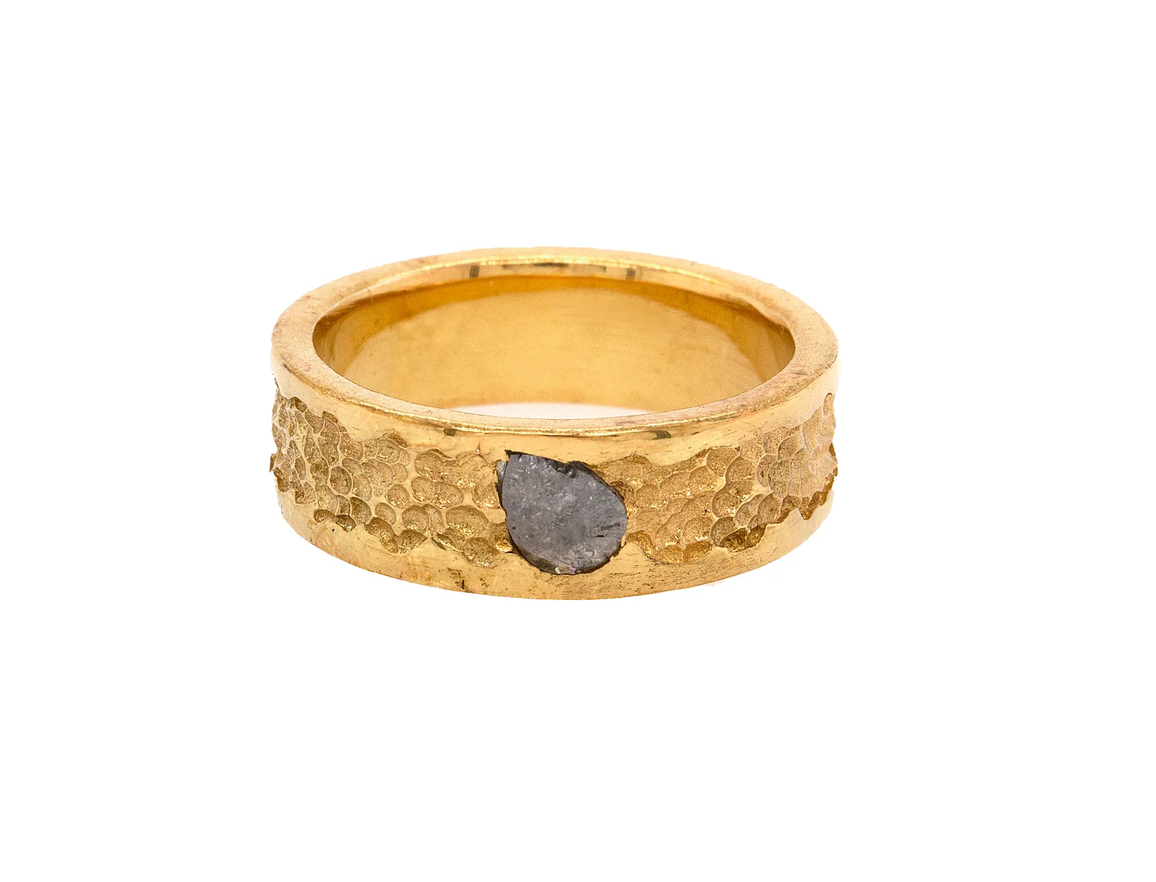 8mm Custom Made, Solid Gold Ring with Hammered Center and Rough Cut Salt and Pepper Diamond - Image 5