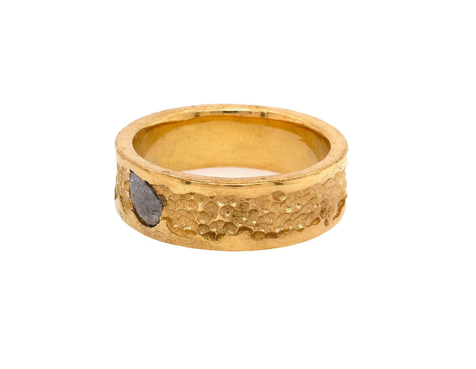 8mm Custom Made, Solid Gold Ring with Hammered Center and Rough Cut Salt and Pepper Diamond - Image 6