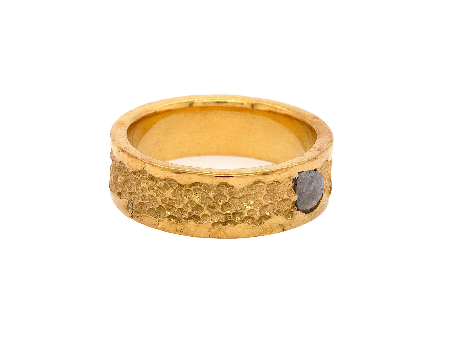 8mm Custom Made, Solid Gold Ring with Hammered Center and Rough Cut Salt and Pepper Diamond - Image 7