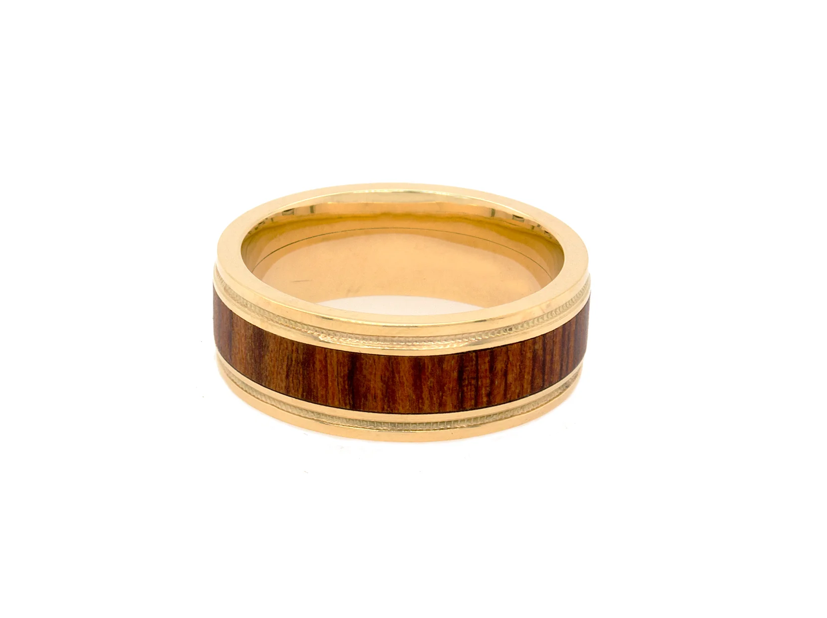 8mm Custom Made Solid Gold Ring with Wooden Inlay and Two Grooves - Image 3