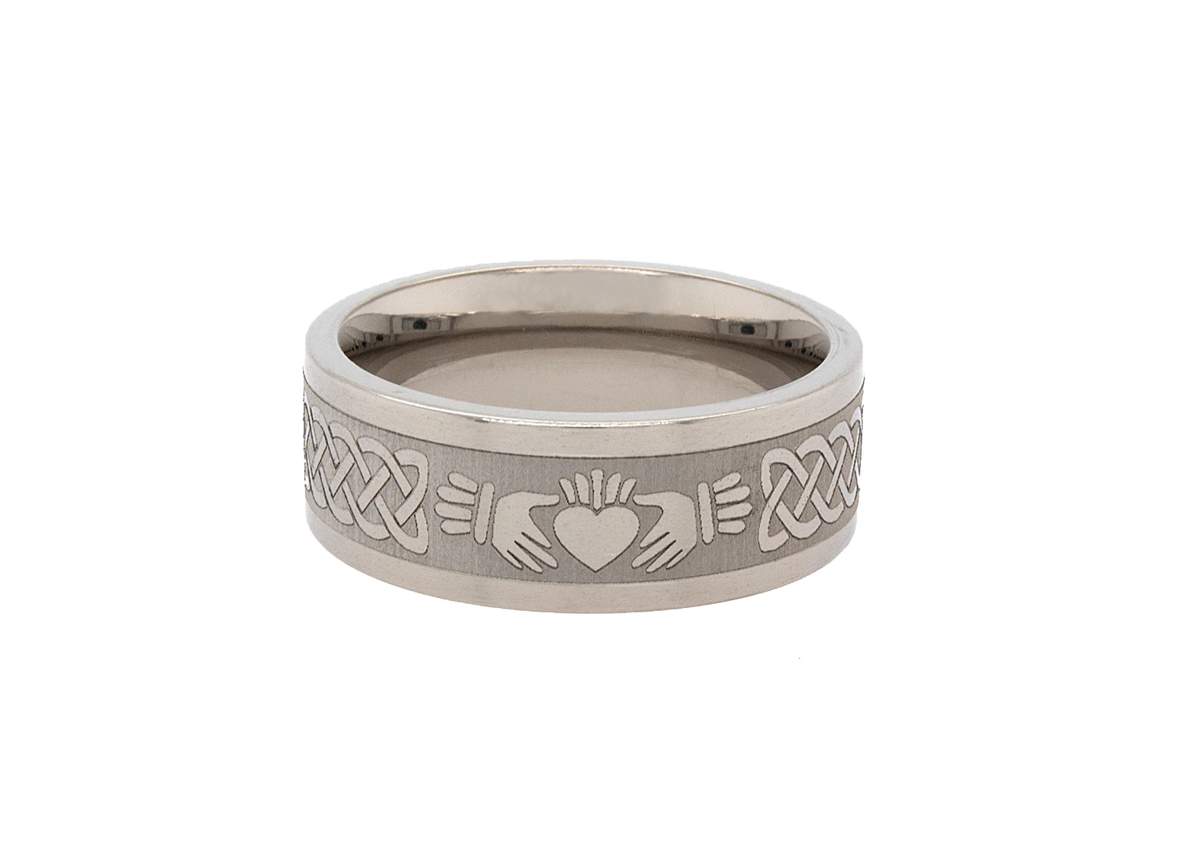 8mm Custom Made Titanium Ring with Celtic Knot Designs and Claddagh Engraving - Image 3