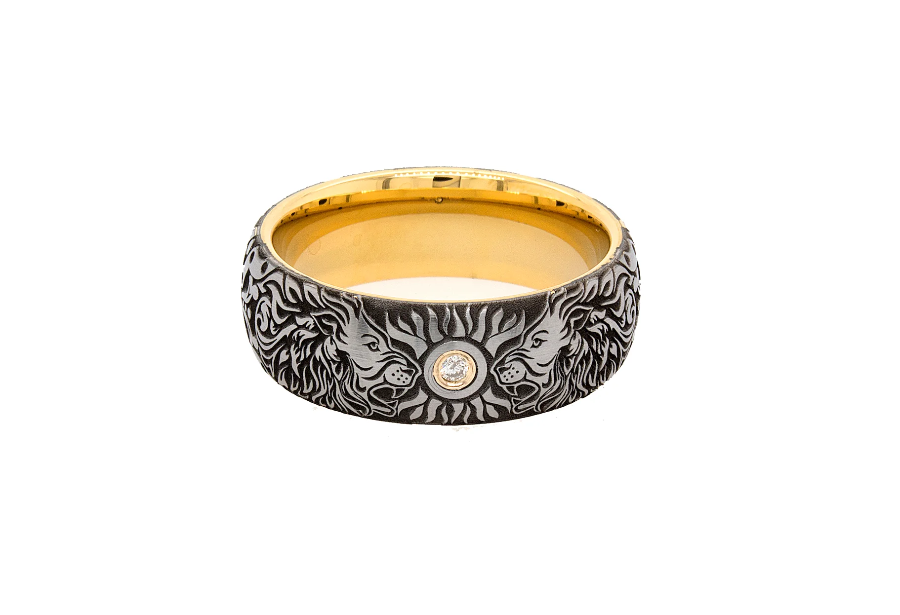8mm Custom Made Tungsten Ring with Gold Plated Interior, Engraved Lions Heads and Center Diamond - Image 4