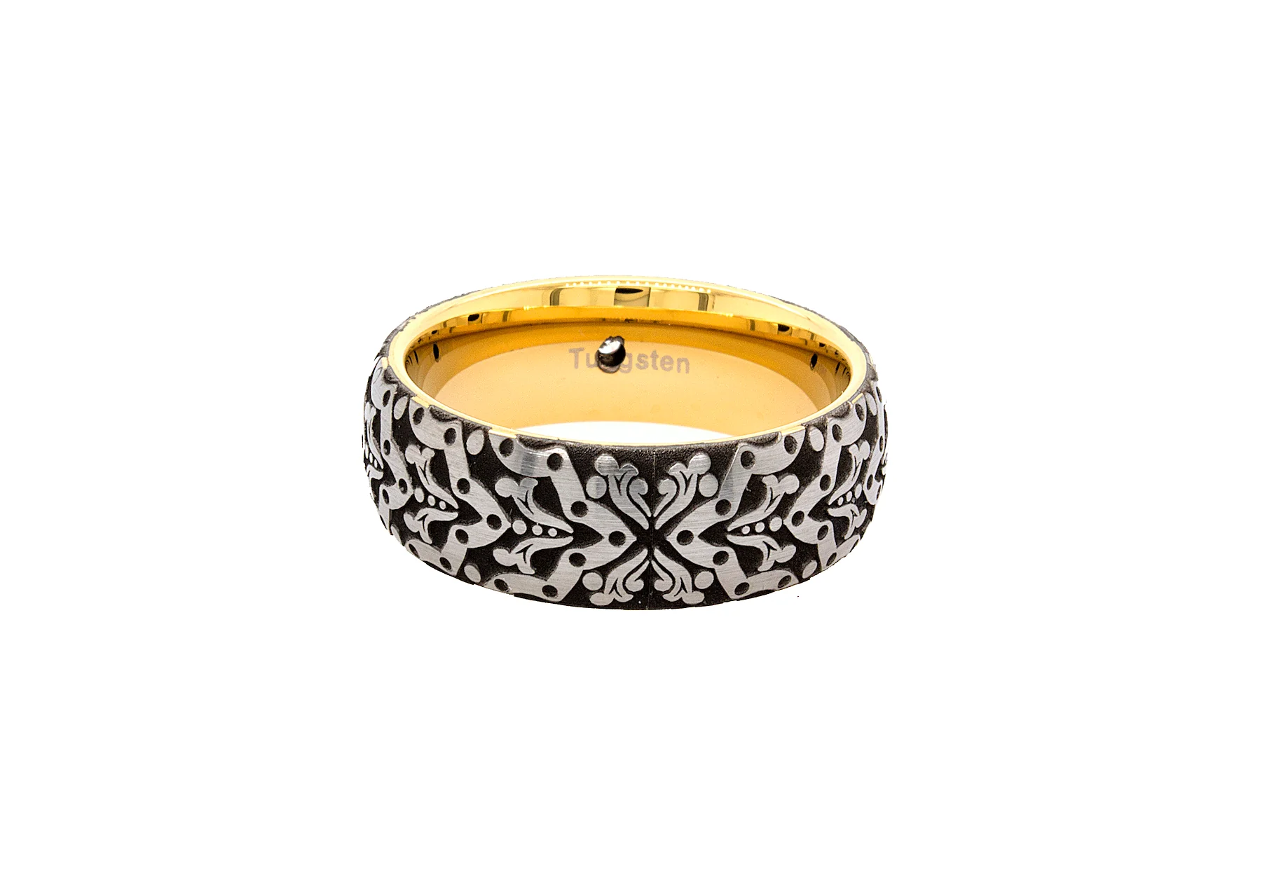 8mm Custom Made Tungsten Ring with Gold Plated Interior, Engraved Lions Heads and Center Diamond - Image 7