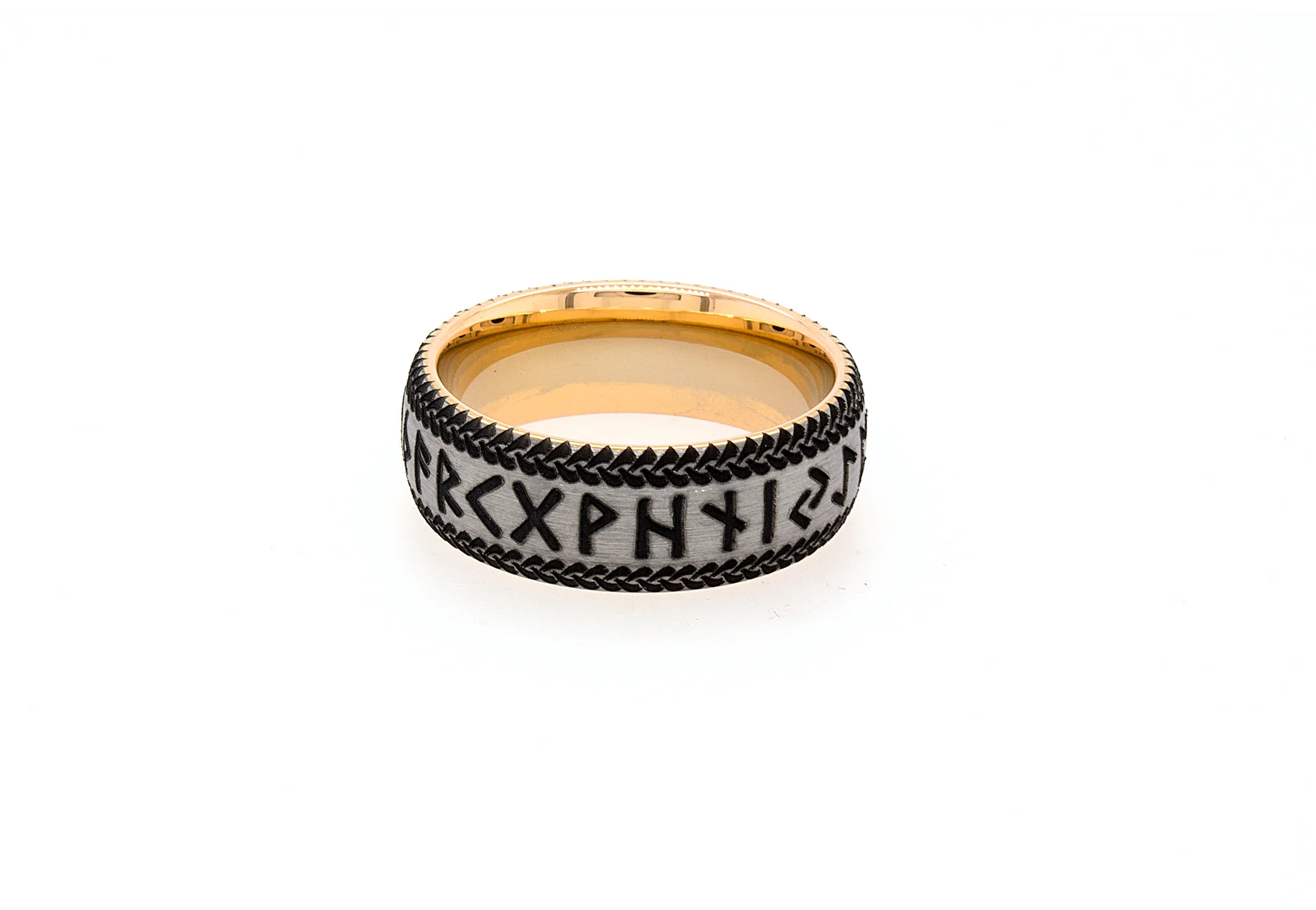 8mm Custom Made Dome Shaped Tungsten Ring with Brushed Exterior, Yellow Gold Plated Interior and Runes Engraving - Image 3