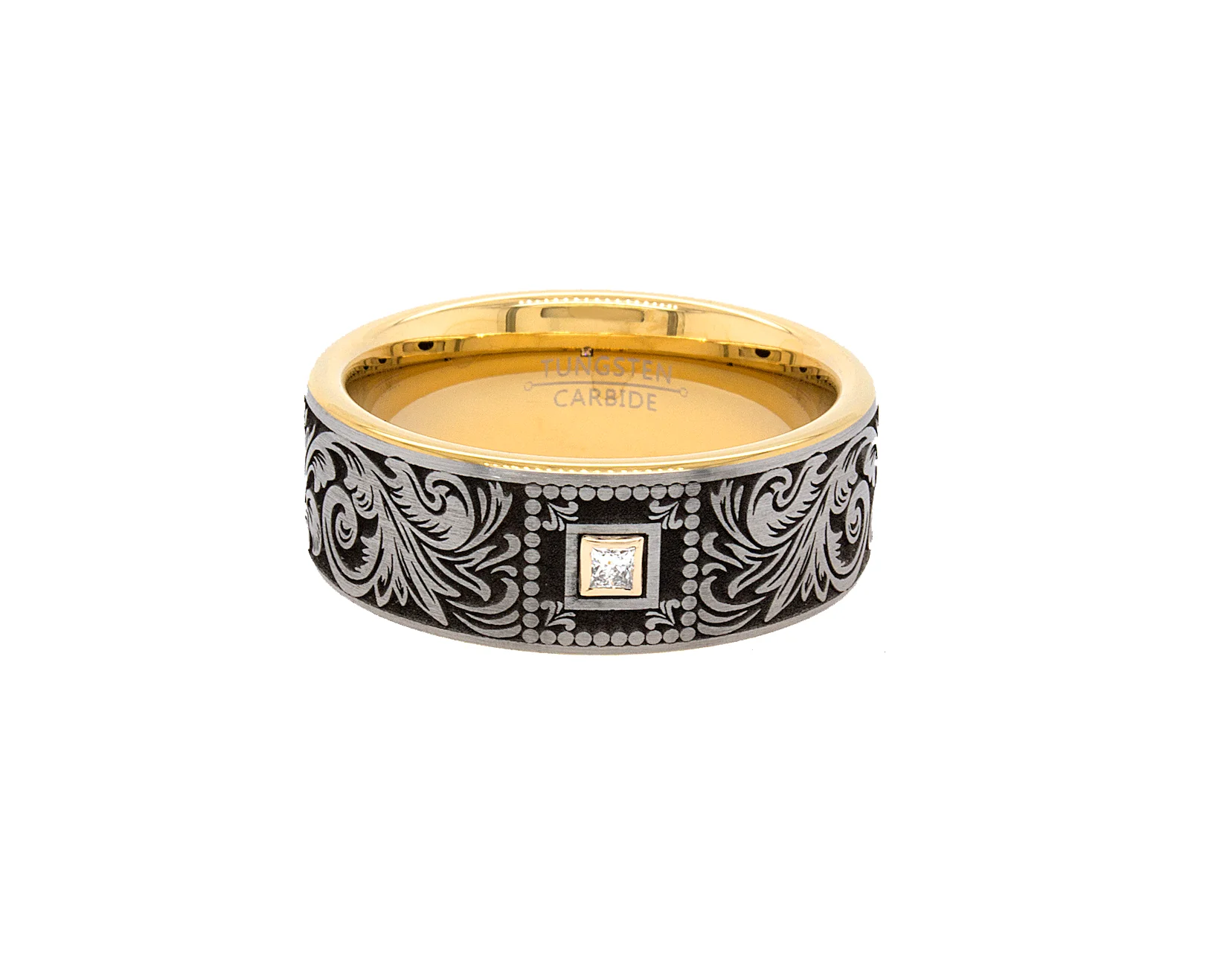 8mm Custom Made Tungsten Ring with Yellow Gold Plated Interior, Square Diamond and Victorian Style Engravings - Image 3