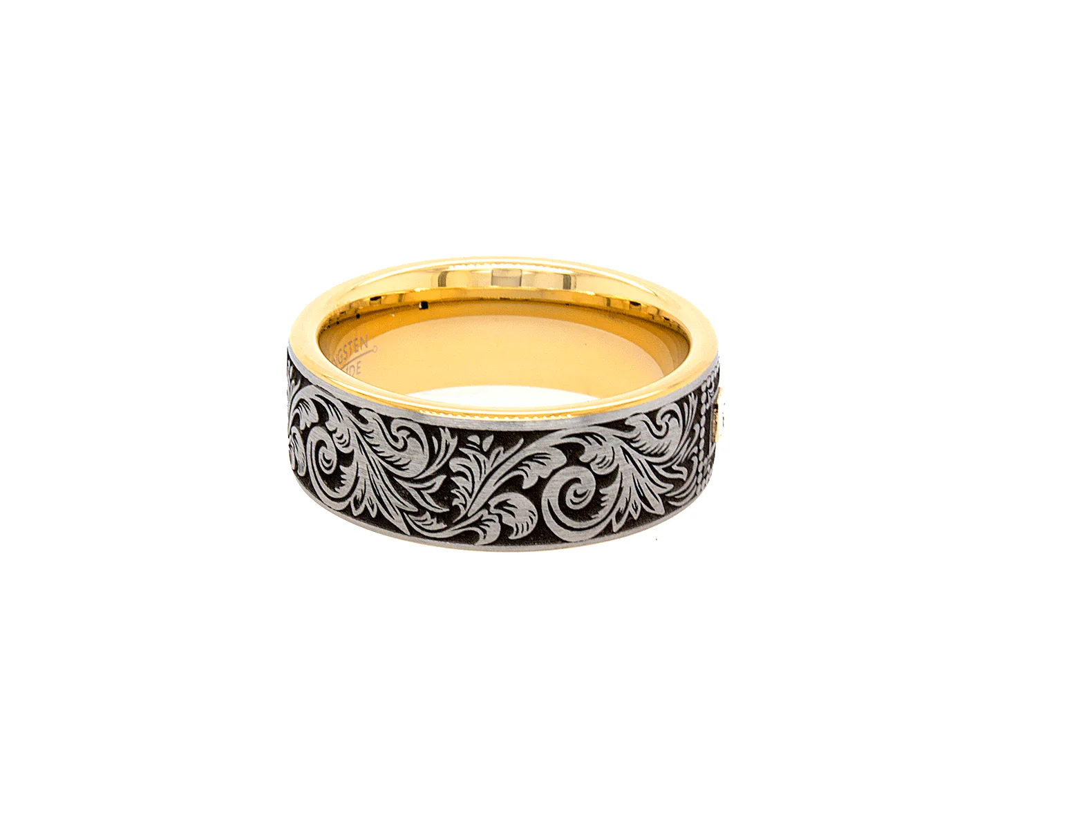8mm Custom Made Tungsten Ring with Yellow Gold Plated Interior, Square Diamond and Victorian Style Engravings - Image 4
