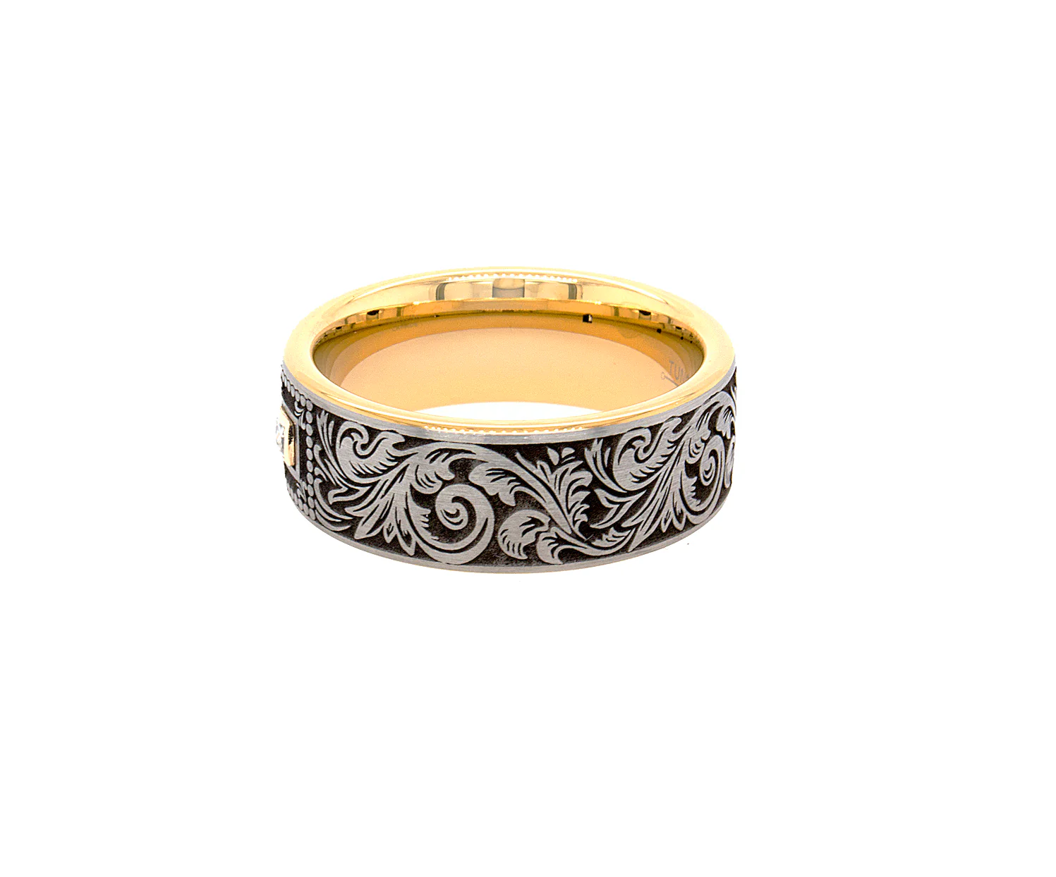 8mm Custom Made Tungsten Ring with Yellow Gold Plated Interior, Square Diamond and Victorian Style Engravings - Image 5