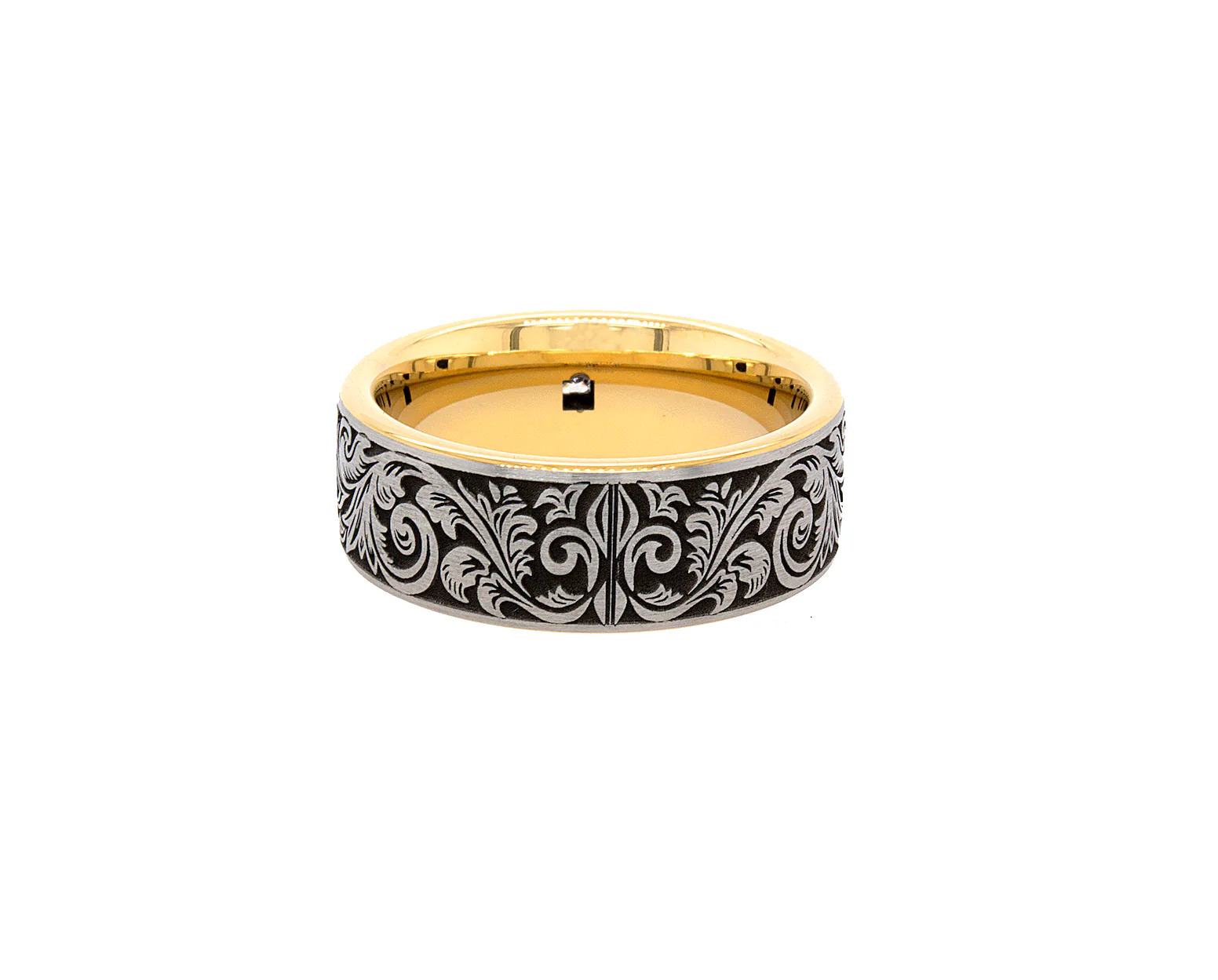 8mm Custom Made Tungsten Ring with Yellow Gold Plated Interior, Square Diamond and Victorian Style Engravings - Image 6