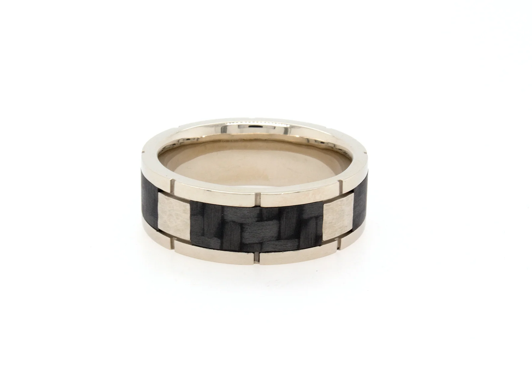8mm Custom Made White Gold Ring with Black Carbon Fiber inlay - Image 3