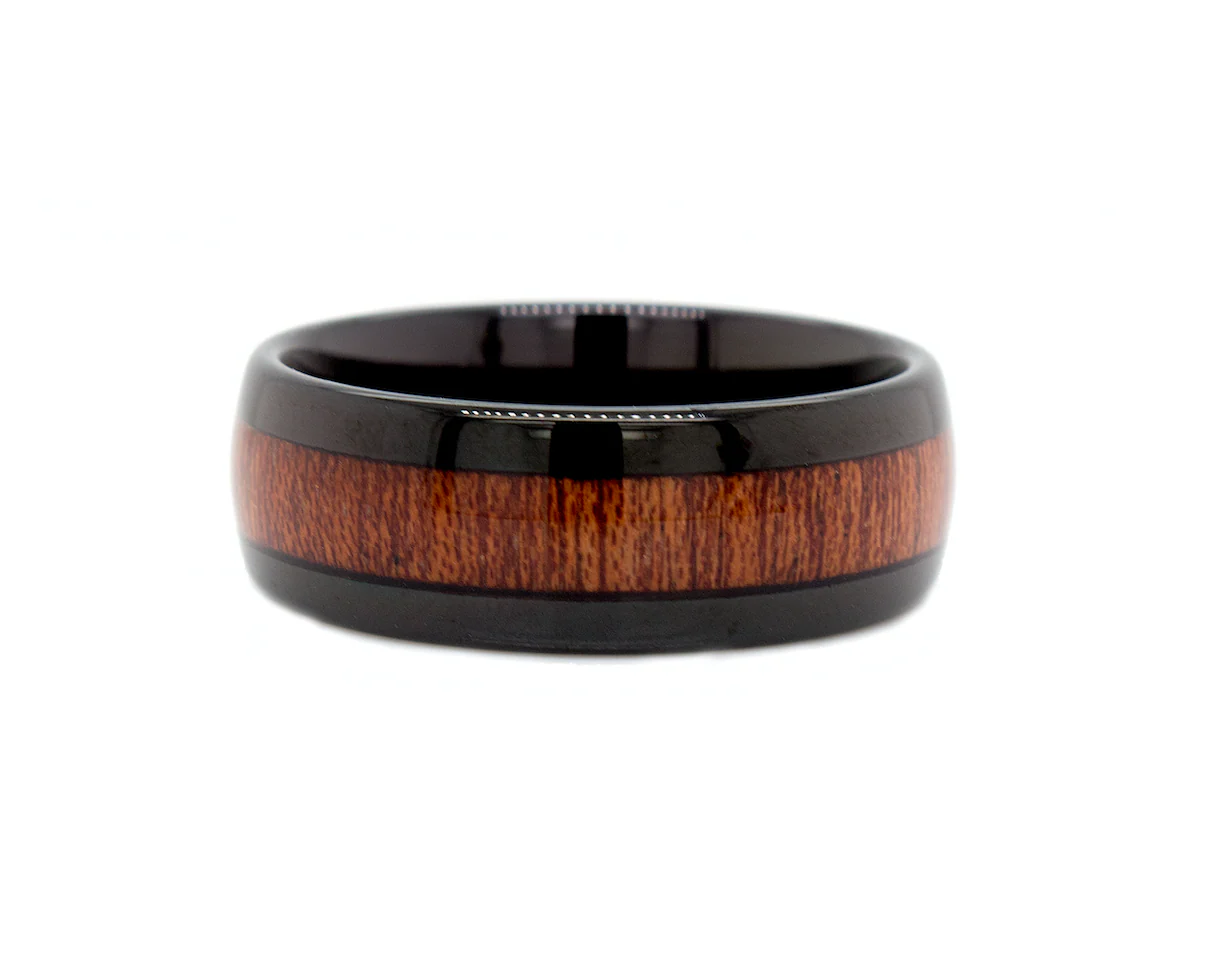 8mm Dome Shaped Black Plated Tungsten with Wood Inlay - Image 3