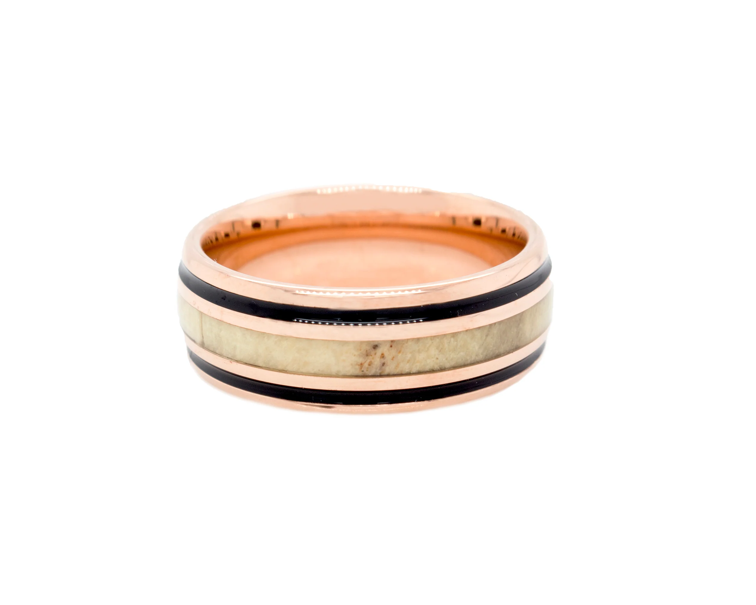 8mm, Dome Shaped, Polished, Rose Gold Plated Tungsten with Center Antler Inlay and 2 Black Plated Enamel Lines - Image 3