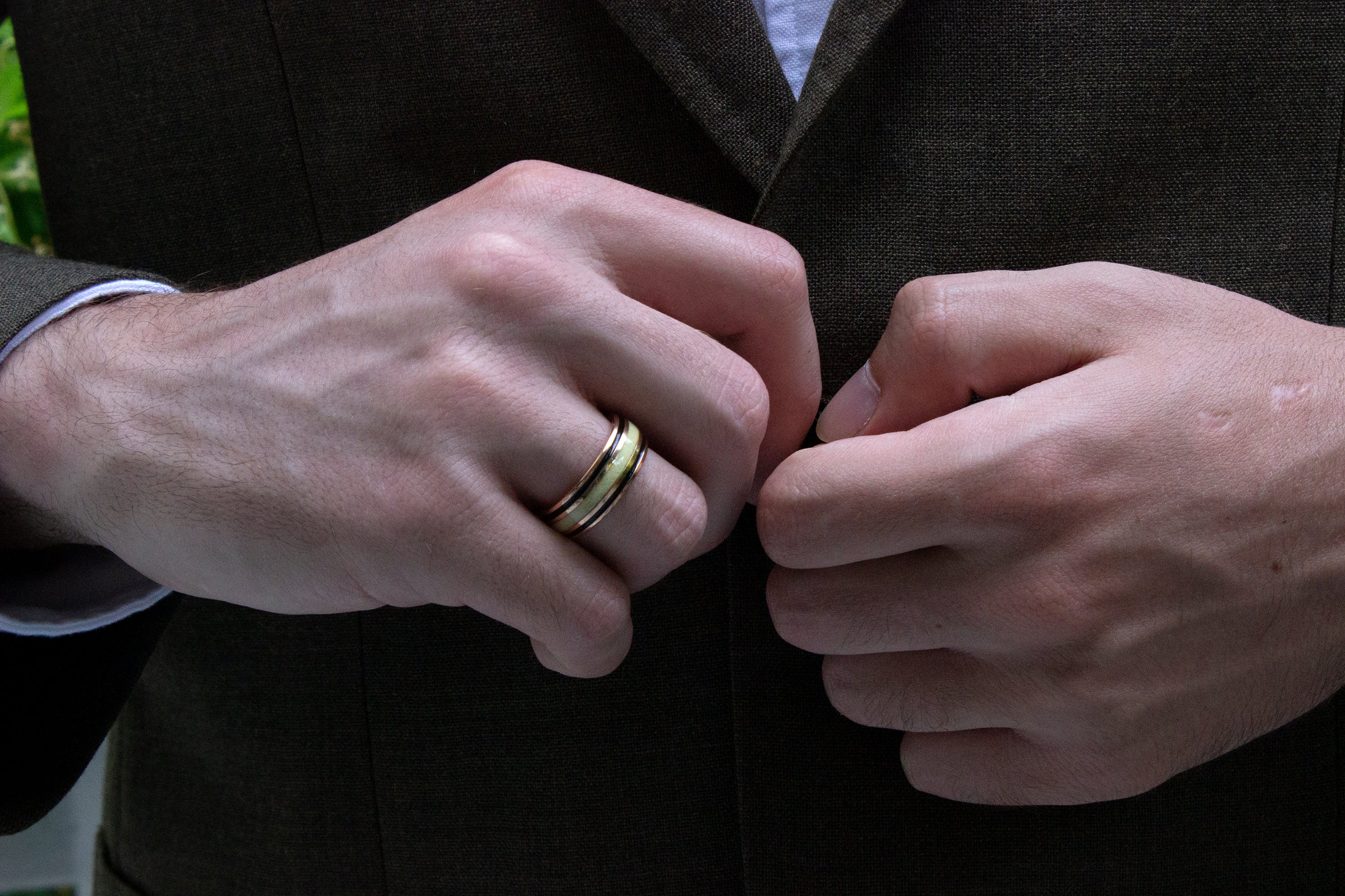 8mm, Dome Shaped, Polished, Rose Gold Plated Tungsten with Center Antler Inlay and 2 Black Plated Enamel Lines - Image 4