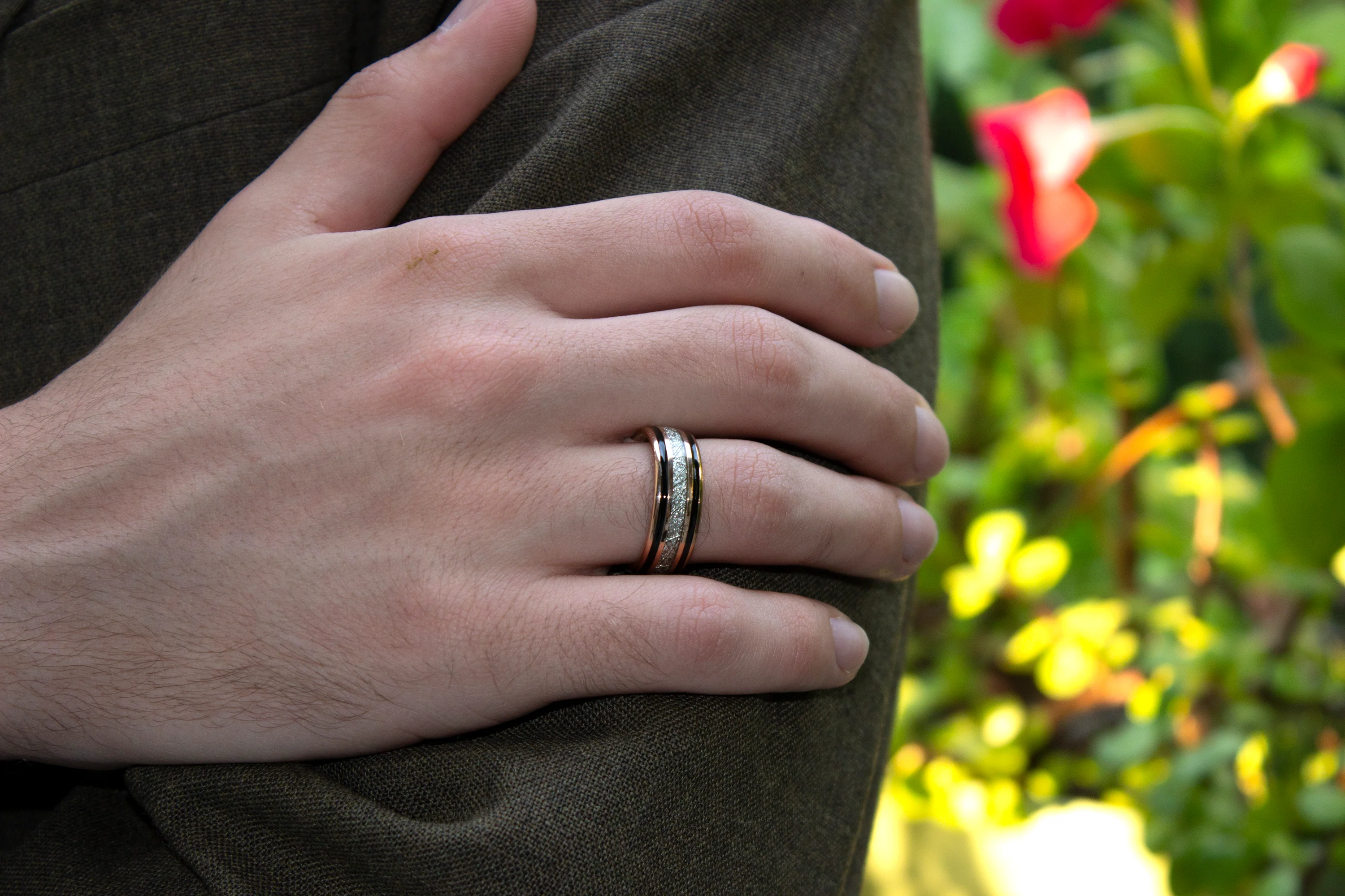 8mm Dome Shaped Rose Gold Plated Tungsten Ring with Double Black Enamel Lines - Image 4