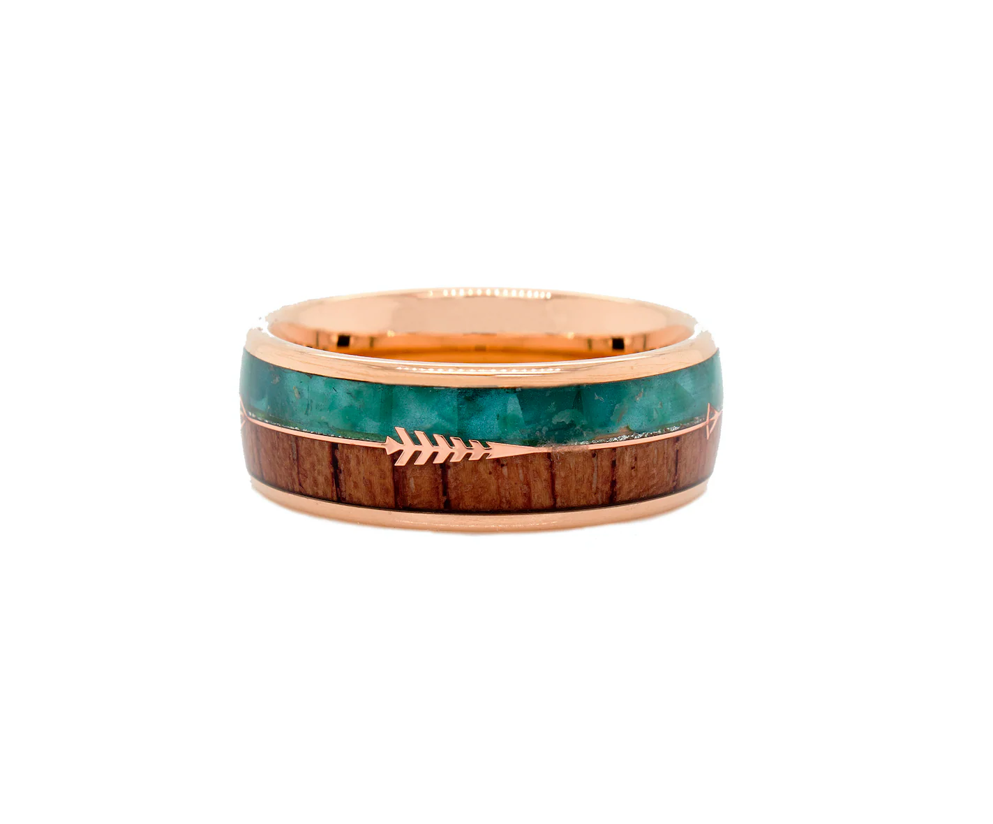 8mm Dome Shaped, Rose Gold Plated Tungsten Ring with Wood and Green Malachite Inlay and Rose Gold Arrow - Image 3