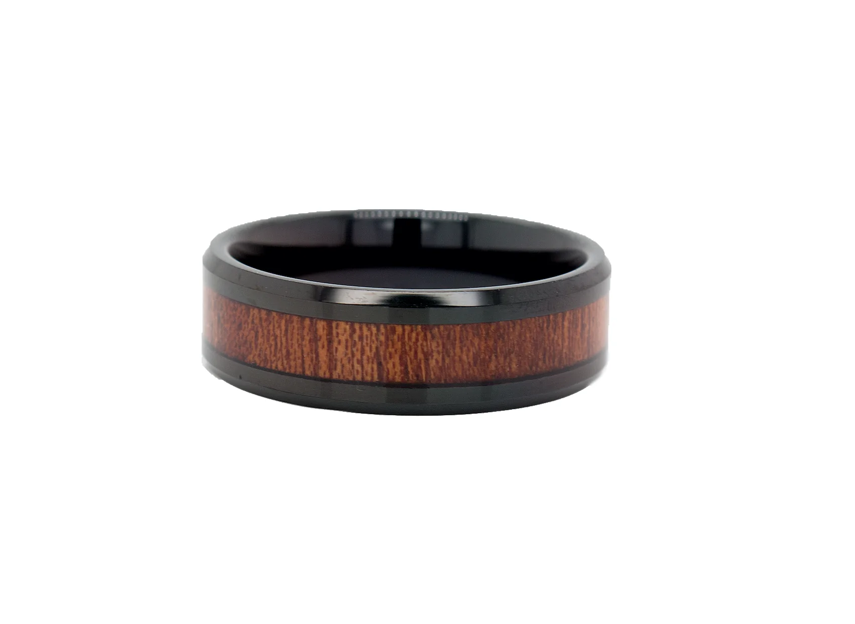 8mm, Flat Black Plated Tungsten Ring with Wood Inlay and Beveled Edges - Image 3