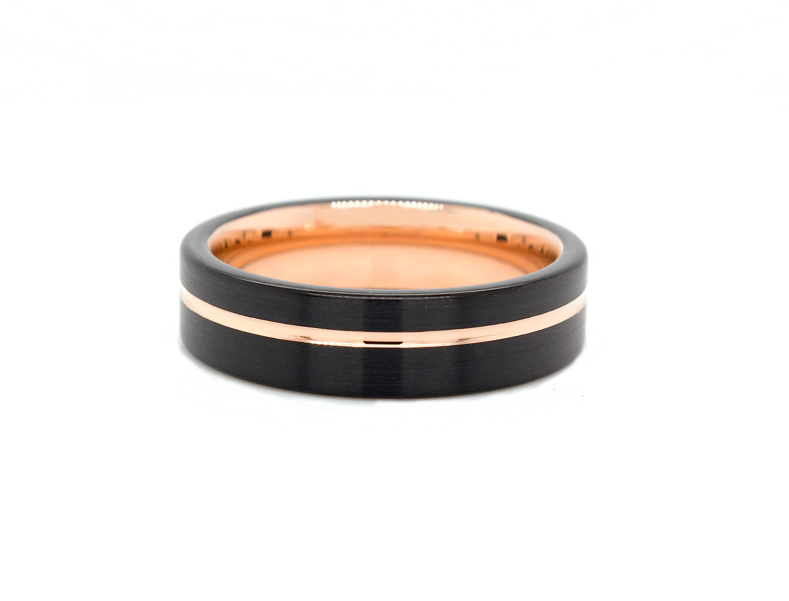 8mm, Flat Shaped, Matte Black Plated Tungsten Ring with Rose Gold Plated Interior and Offset Rose Gold Groove - Image 3