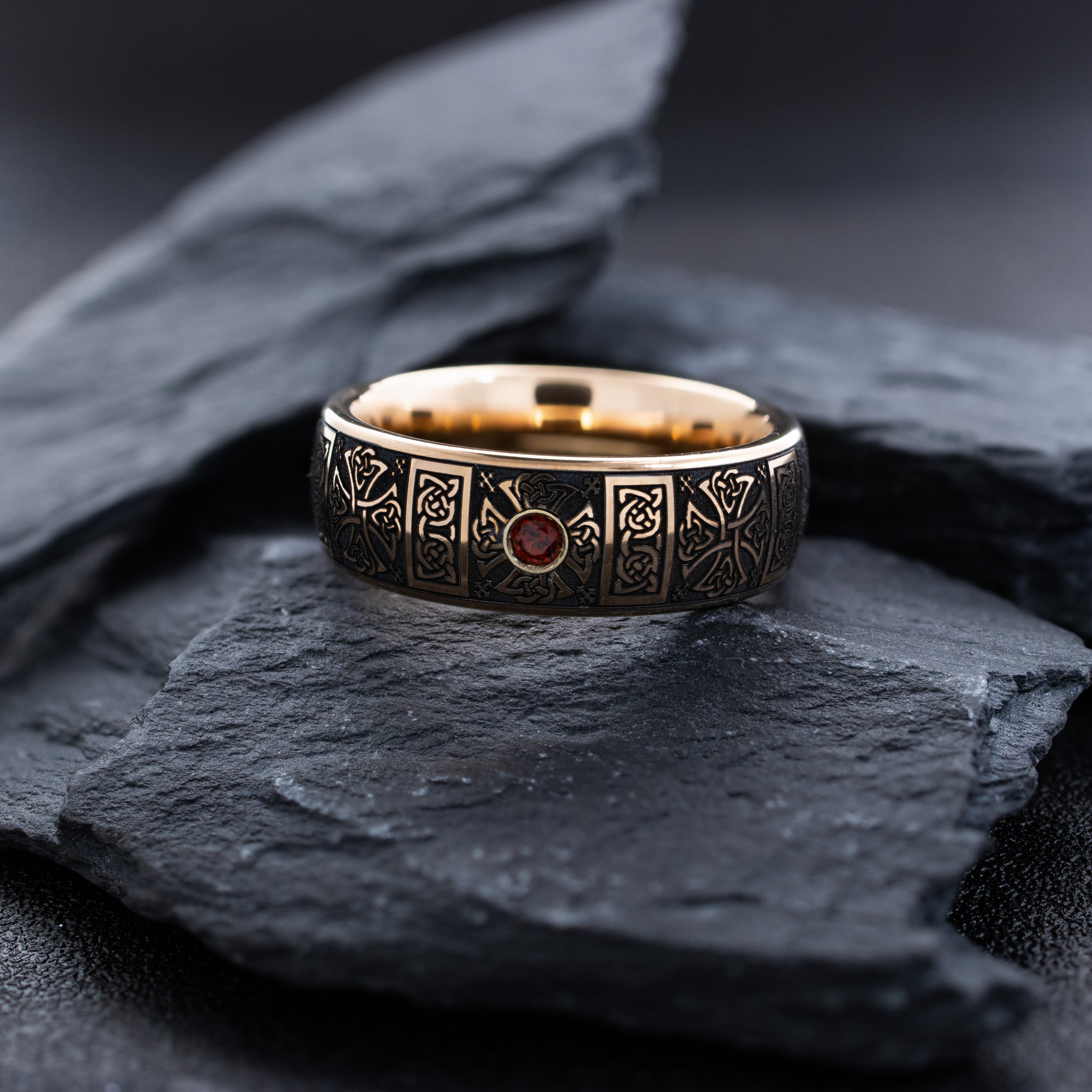 8mm Rose Gold Plated Gemstone Tantalum Ring with Celtic Crosses and Knots - Image 3