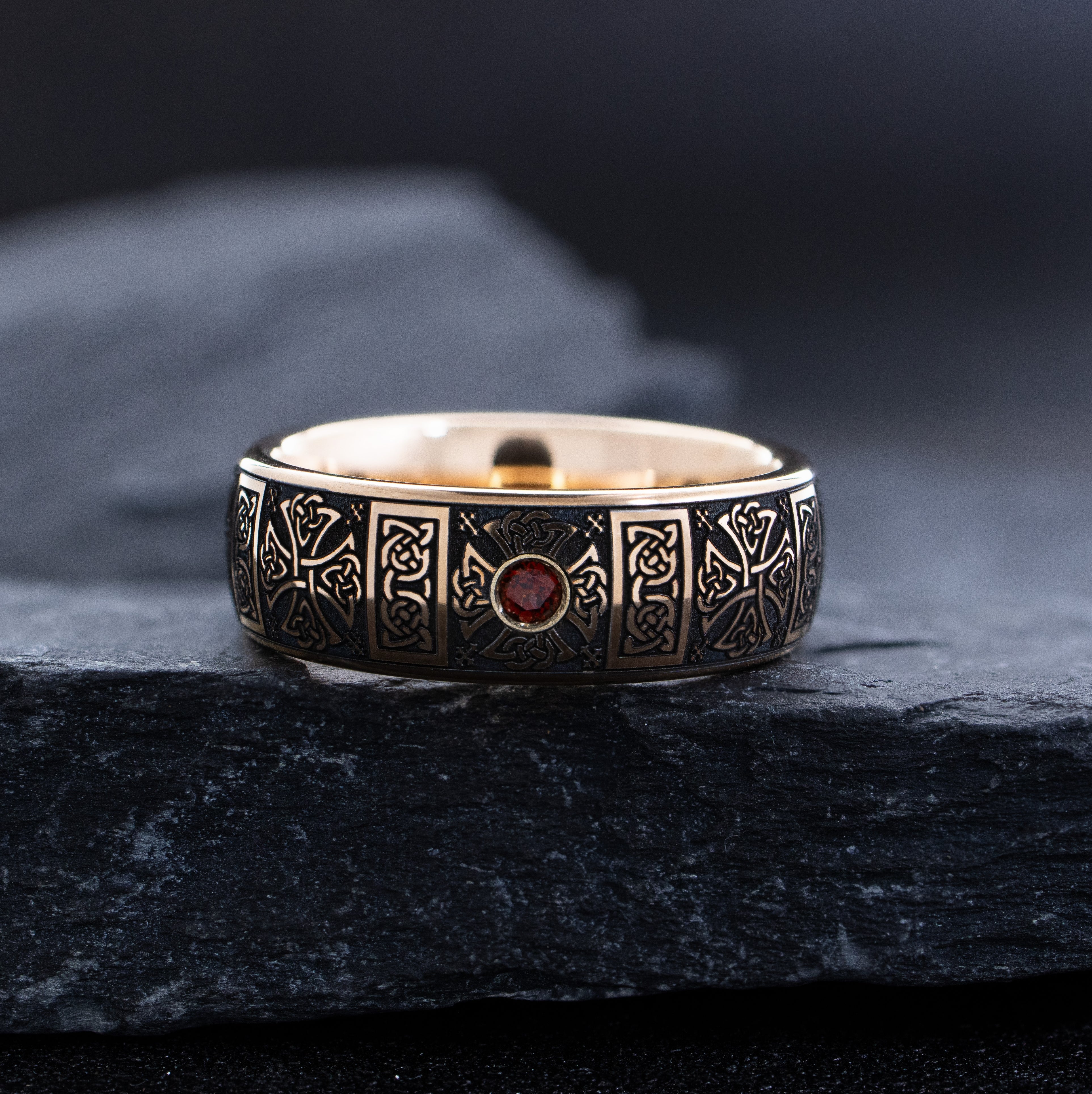 8mm Rose Gold Plated Gemstone Tantalum Ring with Celtic Crosses and Knots - Image 4