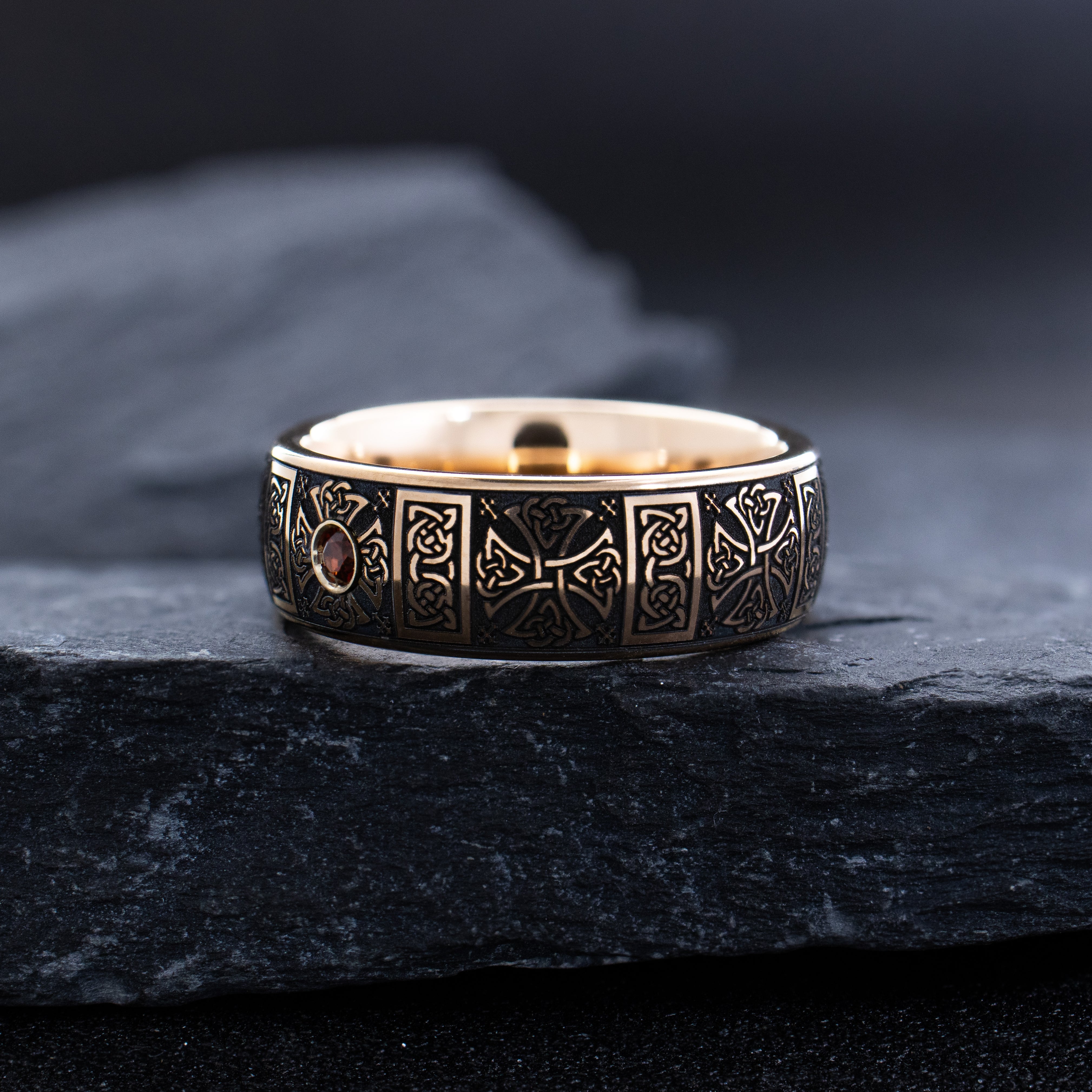 8mm Rose Gold Plated Gemstone Tantalum Ring with Celtic Crosses and Knots - Image 5