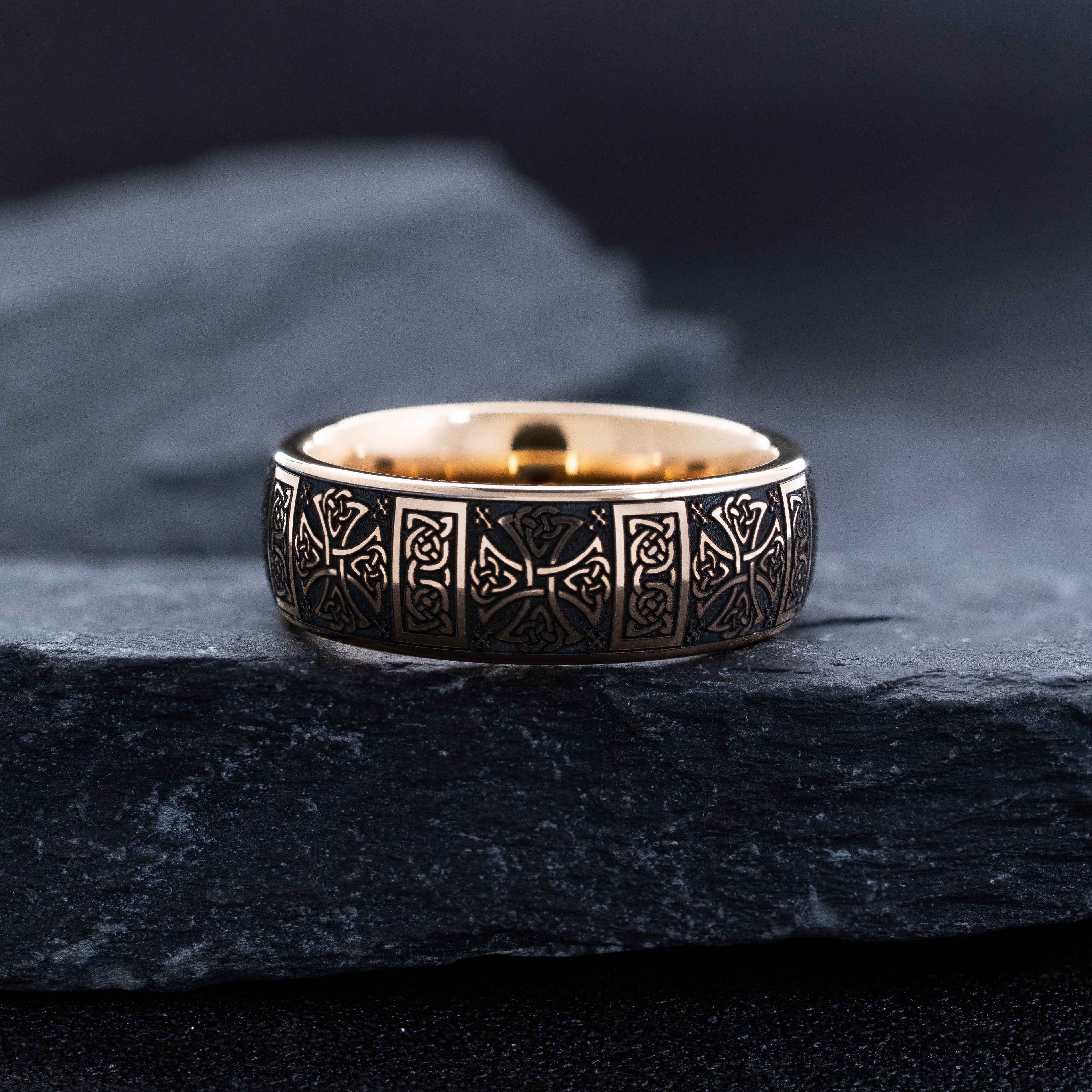 8mm Rose Gold Plated Gemstone Tantalum Ring with Celtic Crosses and Knots - Image 6