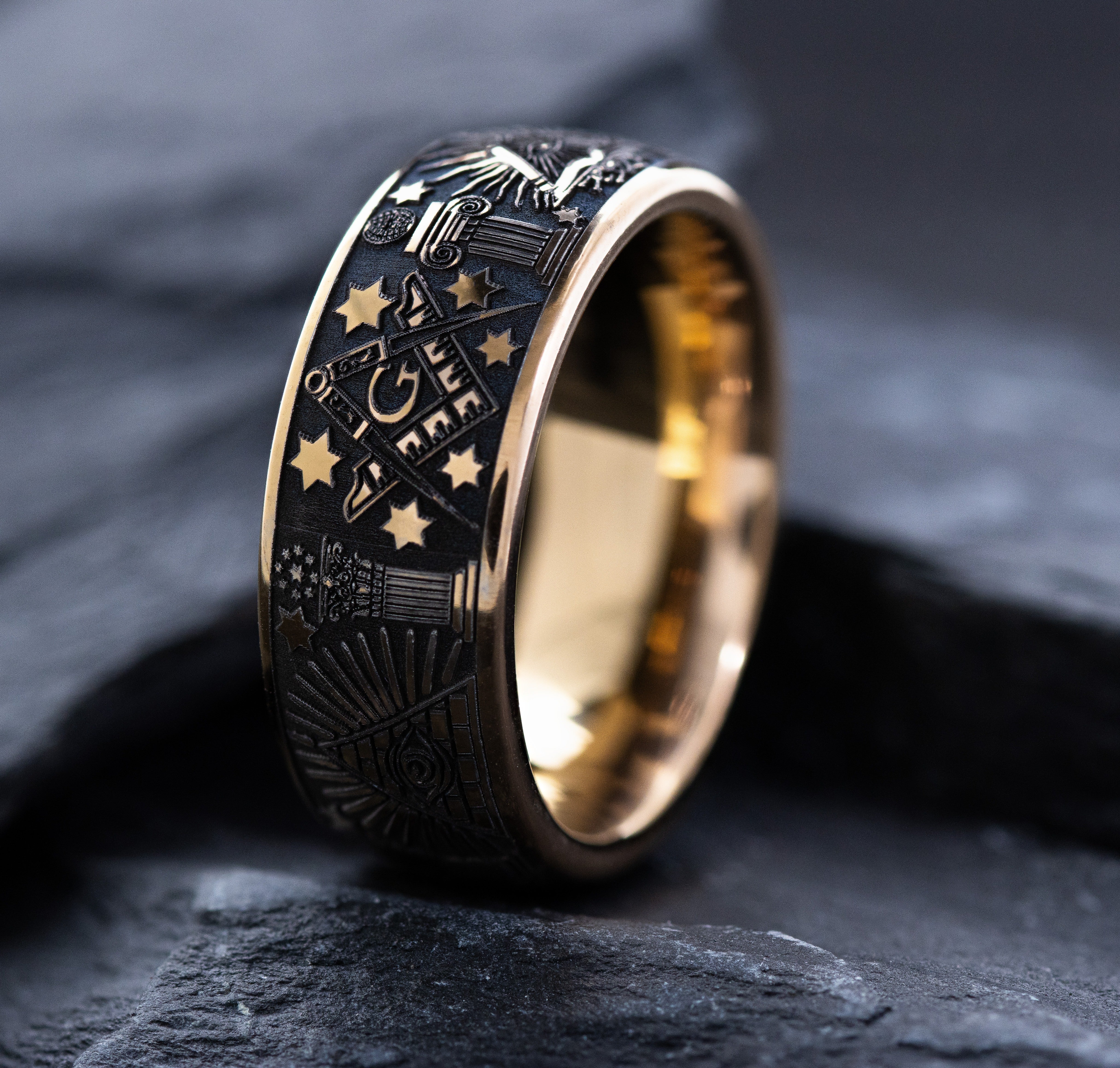 8mm Rose Gold Plated Tantalum Ring with Deep Engraved Masonic Symbols - Image 3