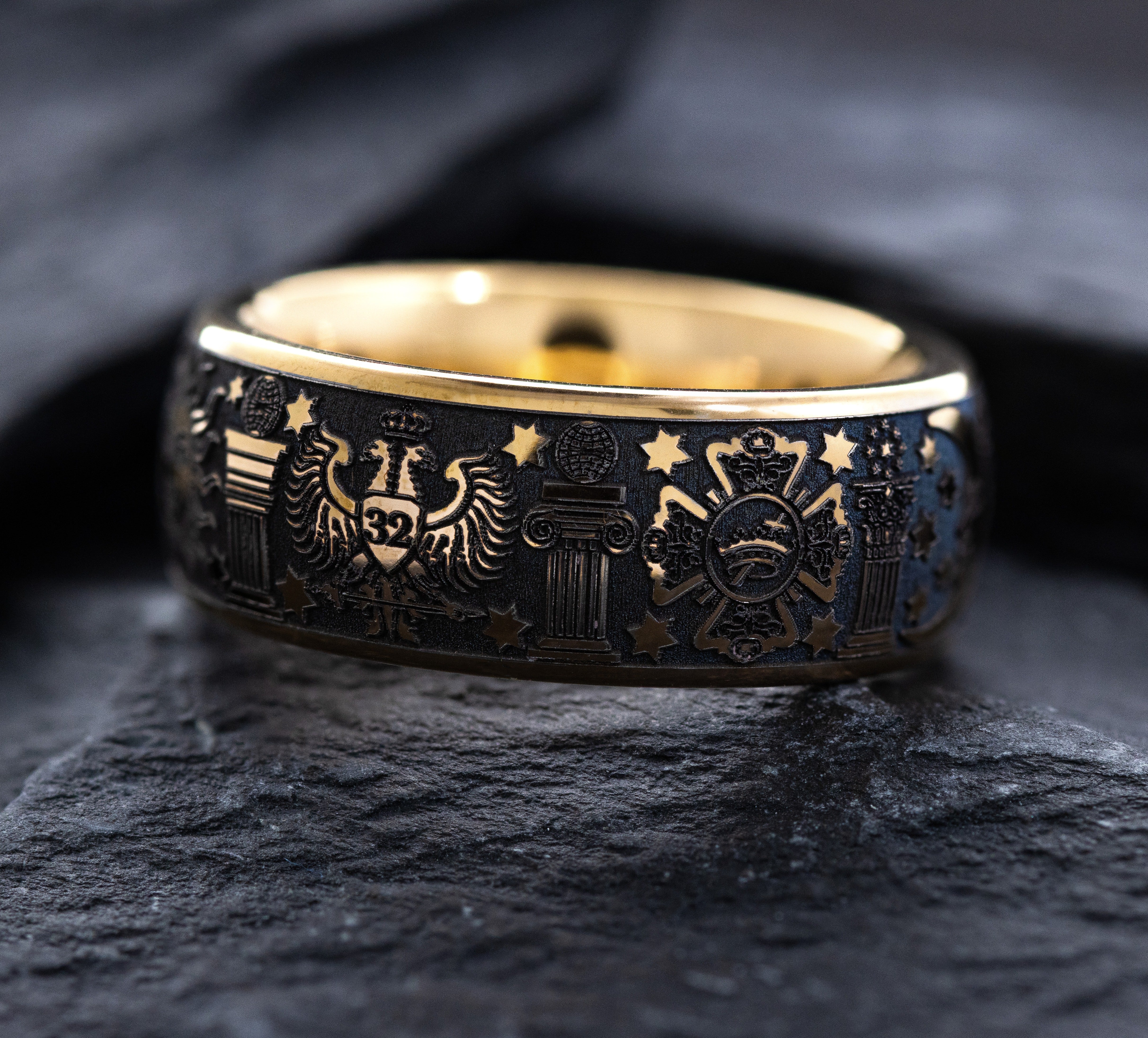 8mm Rose Gold Plated Tantalum Ring with Deep Engraved Masonic Symbols - Image 4