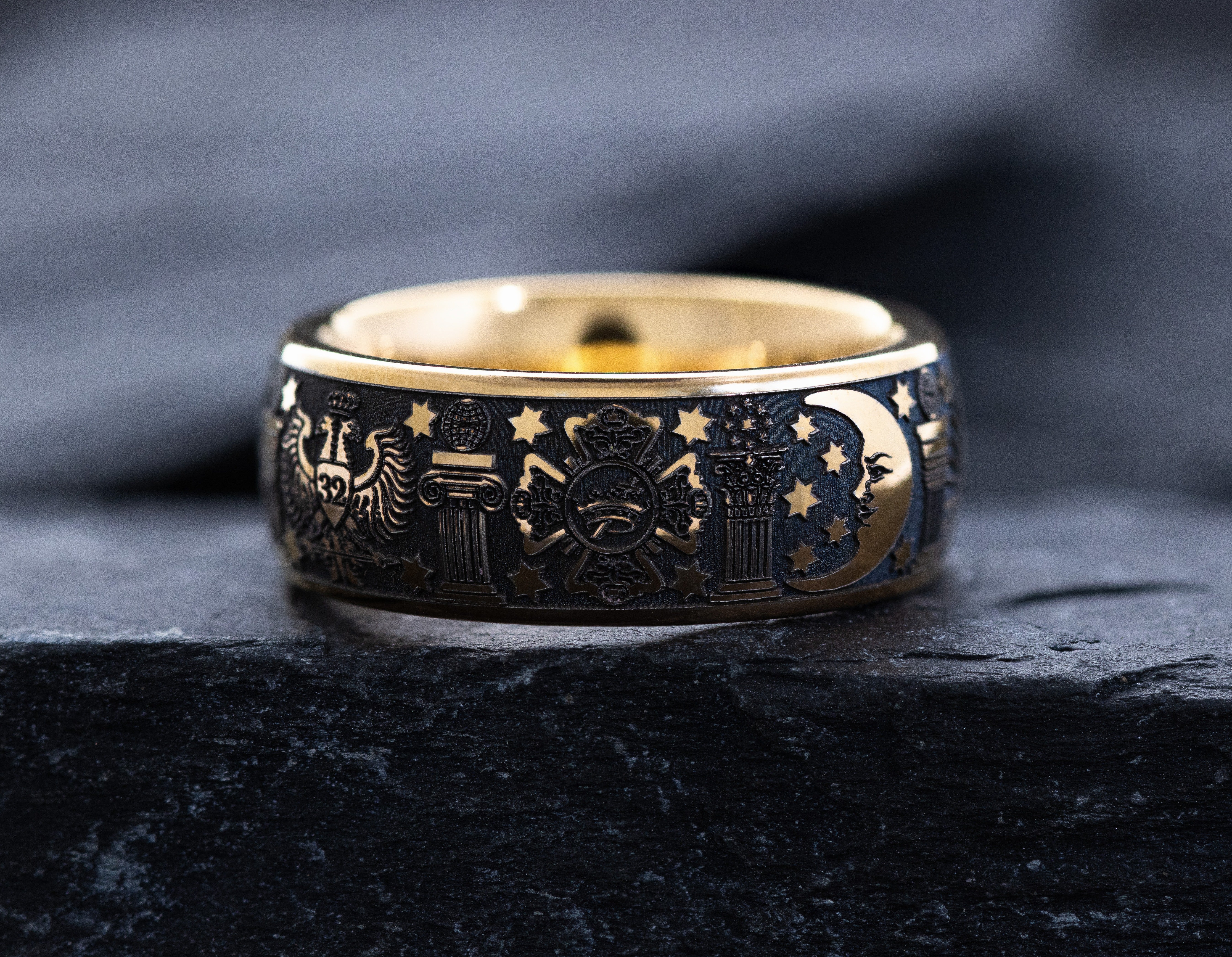 8mm Rose Gold Plated Tantalum Ring with Deep Engraved Masonic Symbols - Image 5