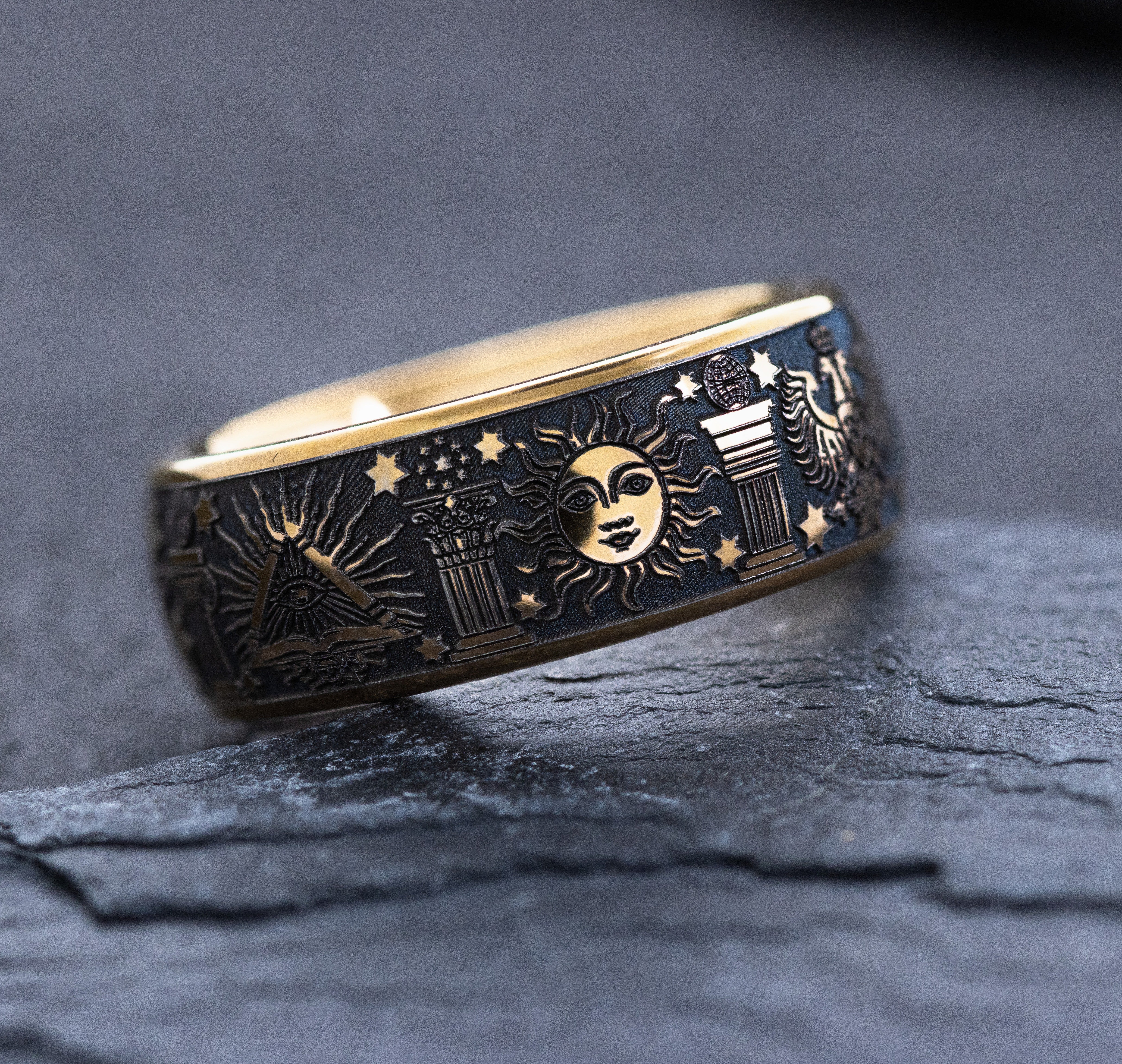 8mm Rose Gold Plated Tantalum Ring with Deep Engraved Masonic Symbols - Image 6