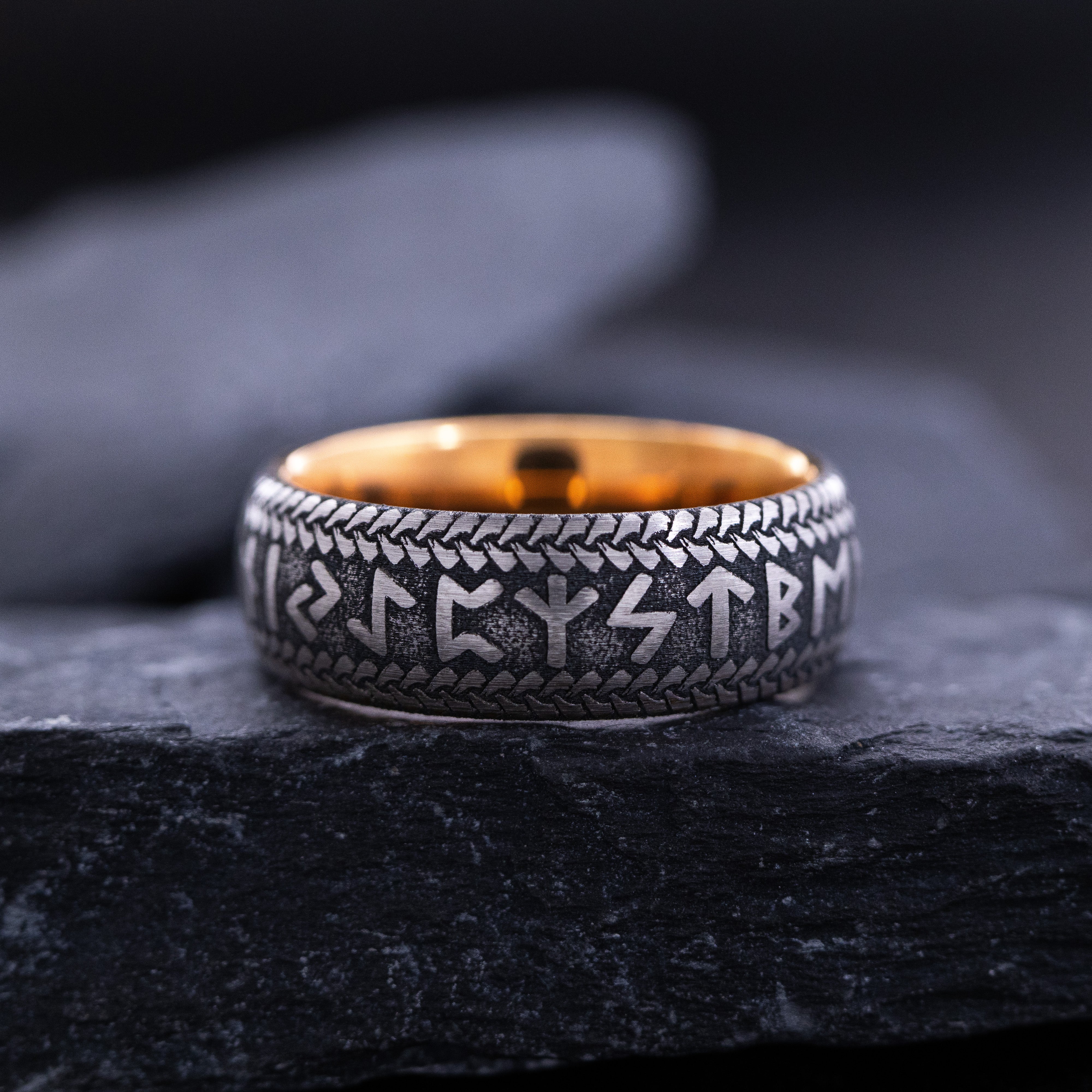 8mm Rose Gold Plated Tantalum Ring with Deep Engraved Norse Viking Runes - Image 3