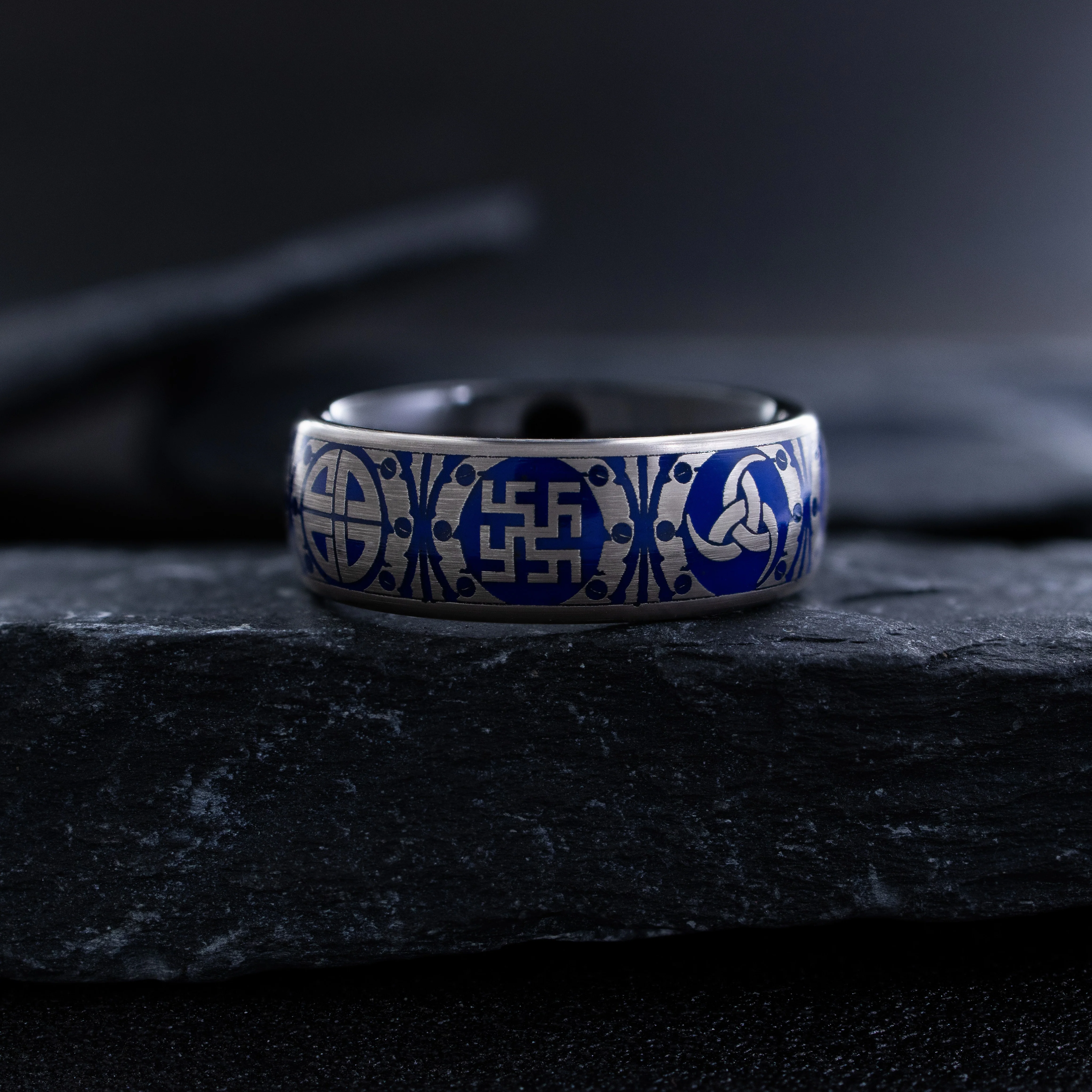 8mm Tantalum Ring with Norse Viking Runes and Blue Enamel - Image 4