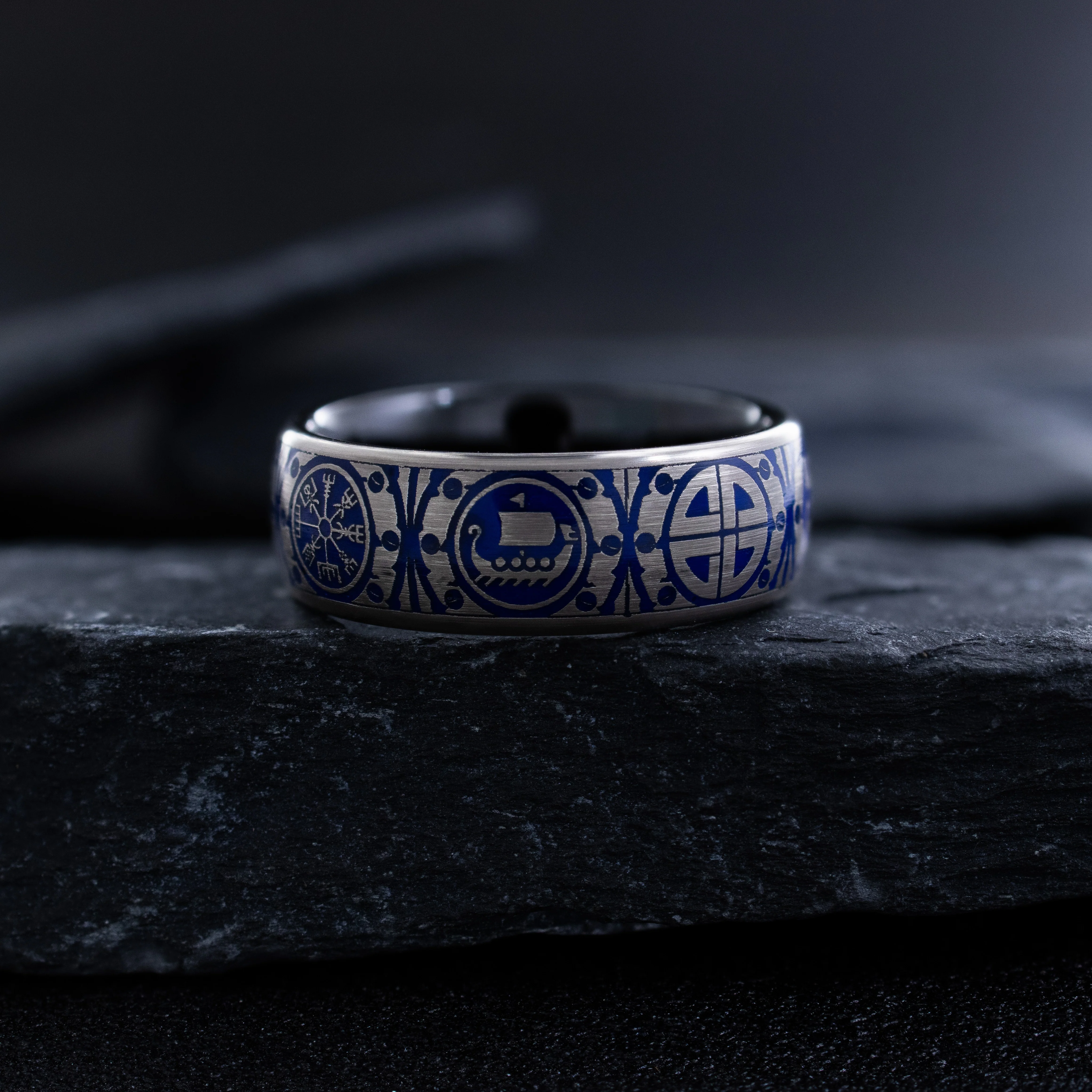 8mm Tantalum Ring with Norse Viking Runes and Blue Enamel - Image 5