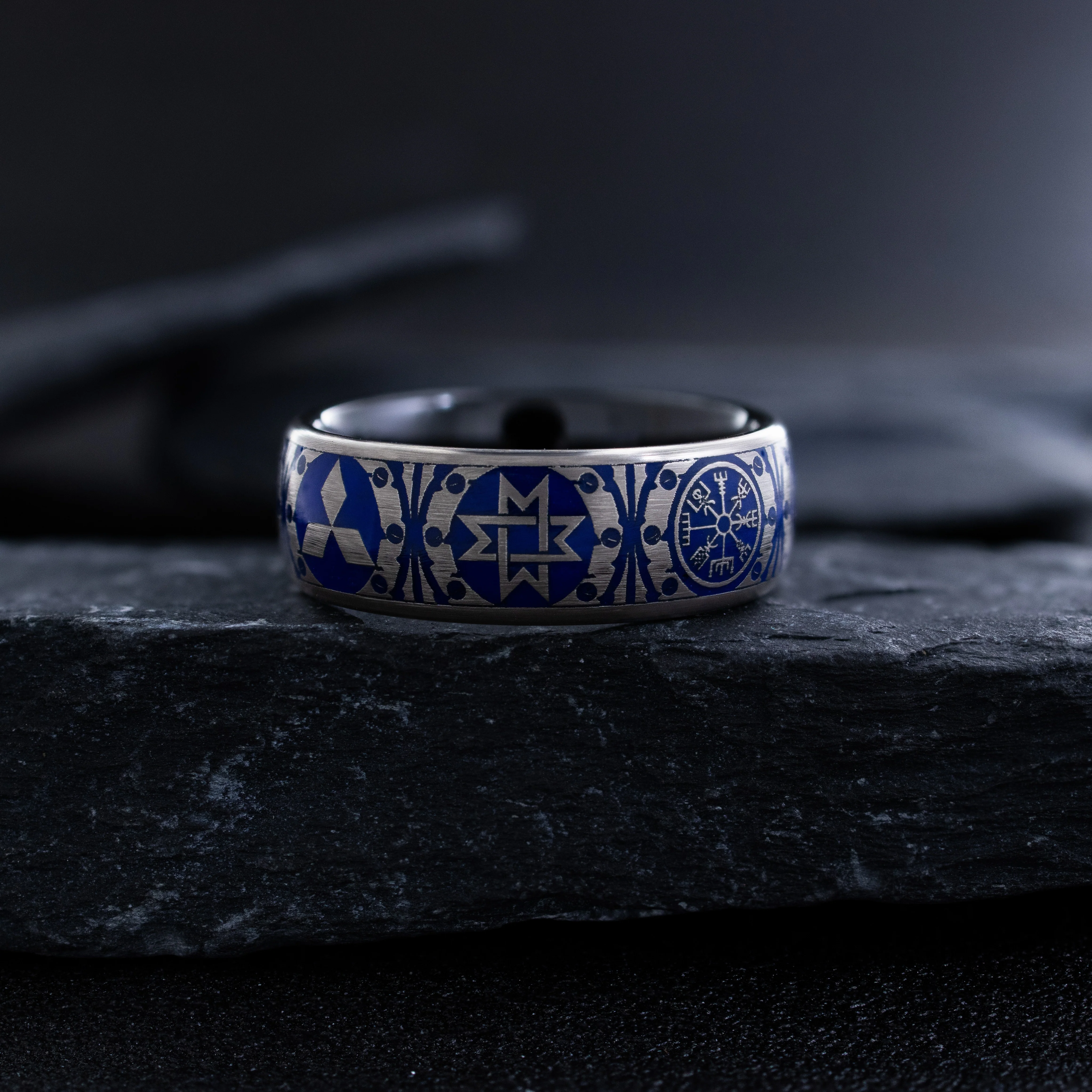8mm Tantalum Ring with Norse Viking Runes and Blue Enamel - Image 6