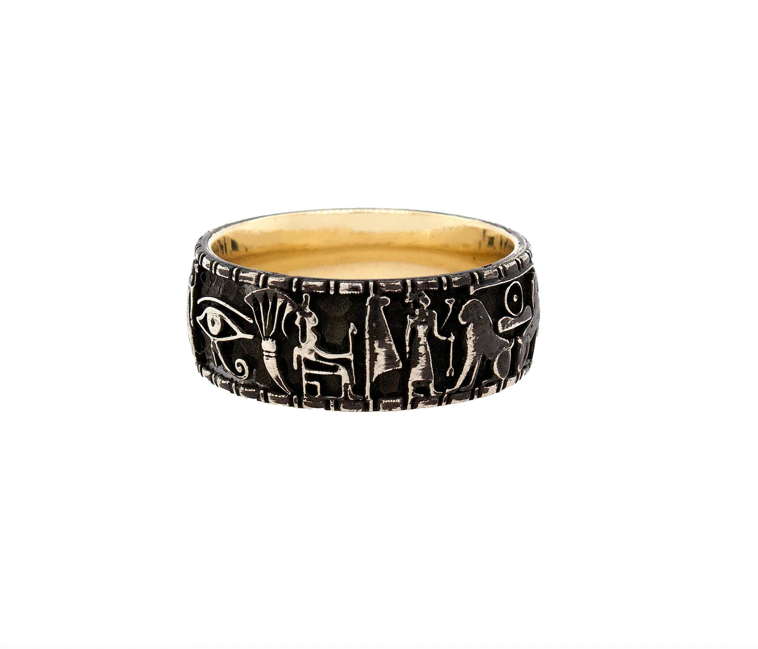 9mm Custom Made, Dome Shaped Silver Ring with Yellow Gold Plated Interior and Egyptian Symbol Engravings - Image 3