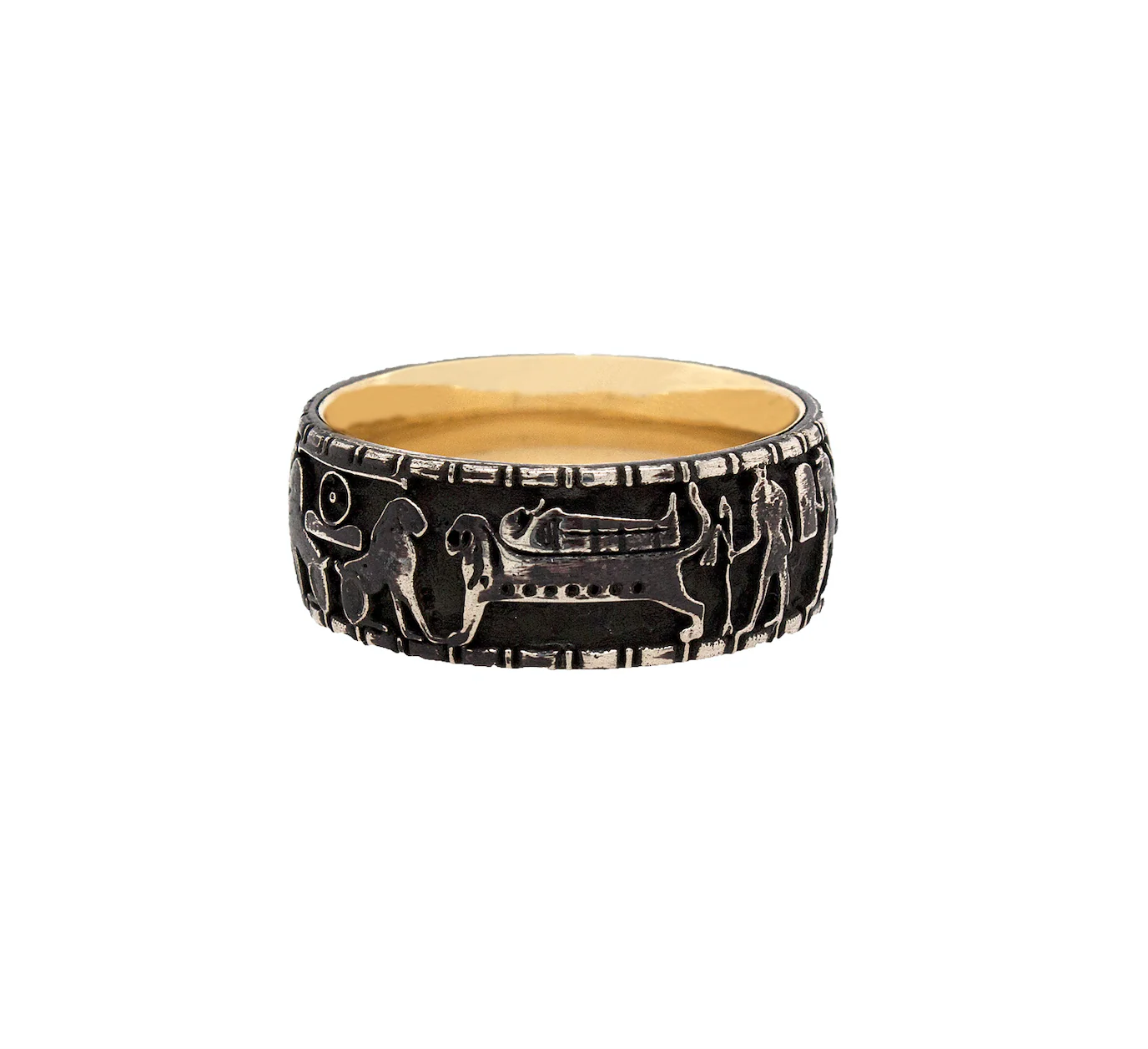 9mm Custom Made, Dome Shaped Silver Ring with Yellow Gold Plated Interior and Egyptian Symbol Engravings - Image 5