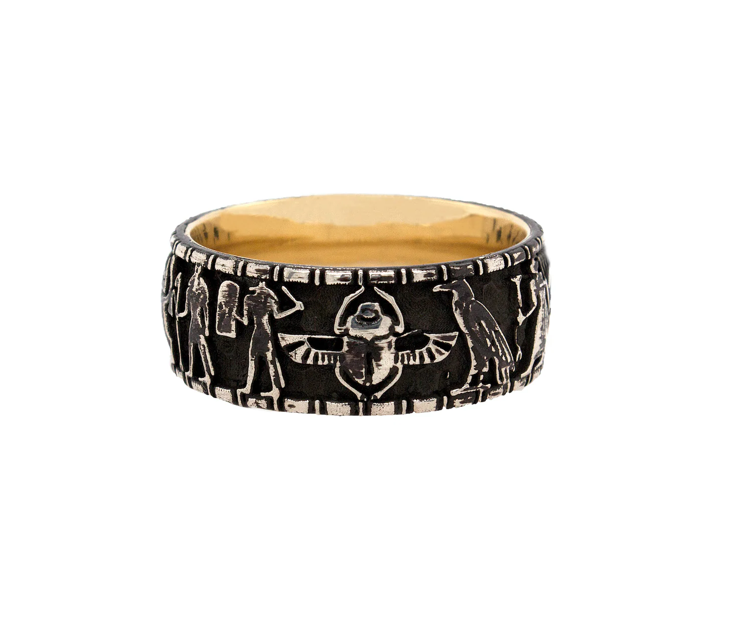 9mm Custom Made, Dome Shaped Silver Ring with Yellow Gold Plated Interior and Egyptian Symbol Engravings - Image 7