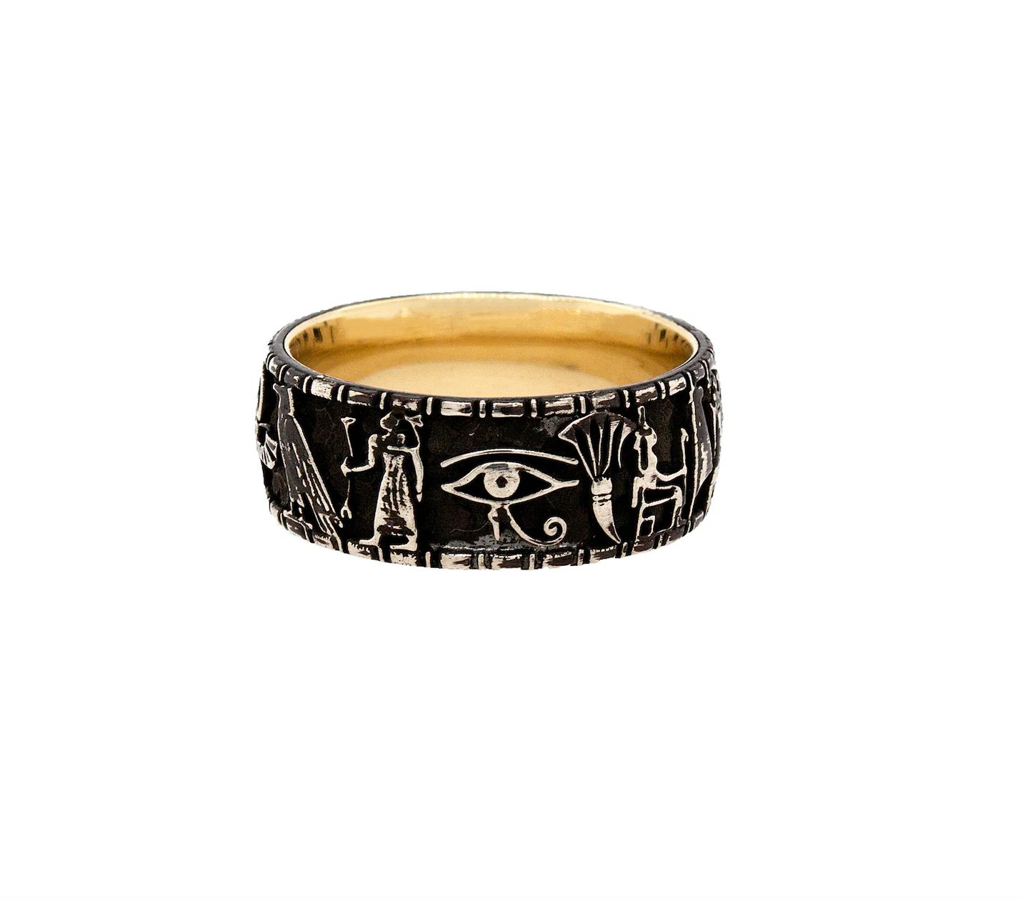 9mm Custom Made, Dome Shaped Silver Ring with Yellow Gold Plated Interior and Egyptian Symbol Engravings - Image 9
