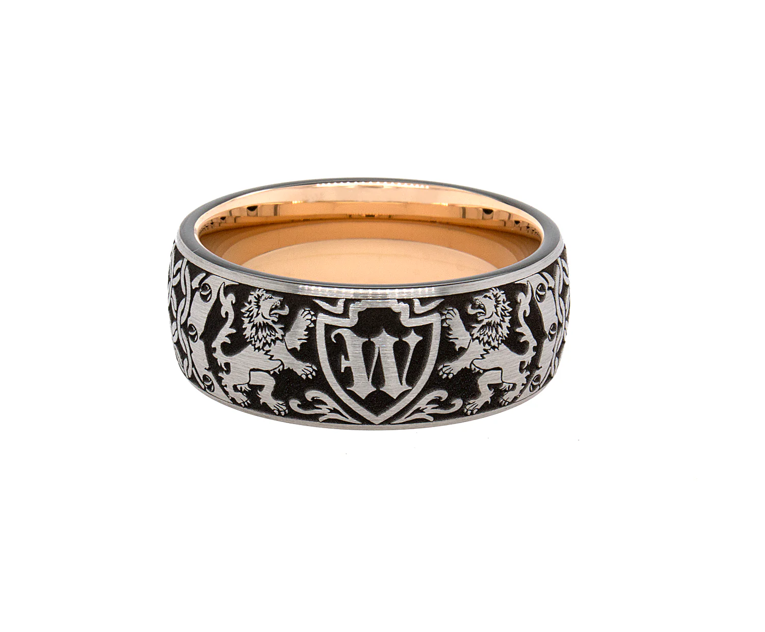 9mm Custom Made Tungsten Ring with Rose Gold Interior, Medieval Engravings, Personalized Initial and Two Lions - Image 3