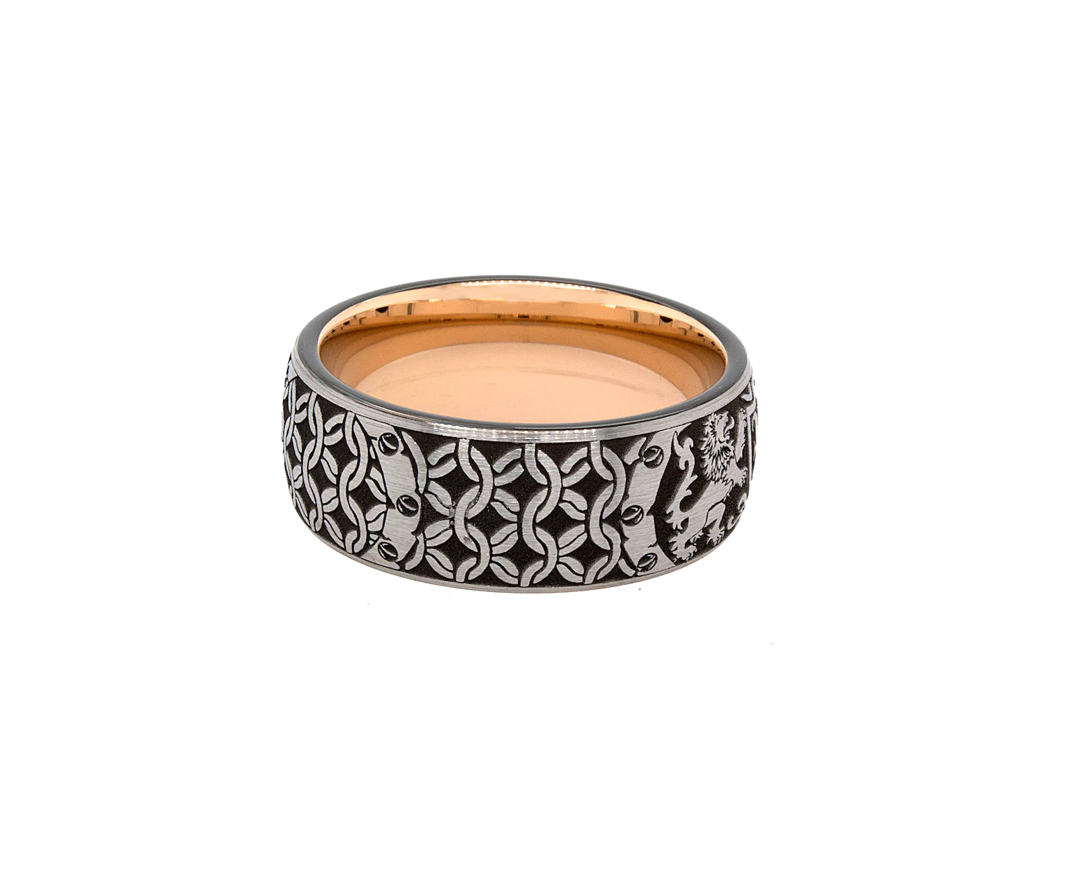 9mm Custom Made Tungsten Ring with Rose Gold Interior, Medieval Engravings, Personalized Initial and Two Lions - Image 4