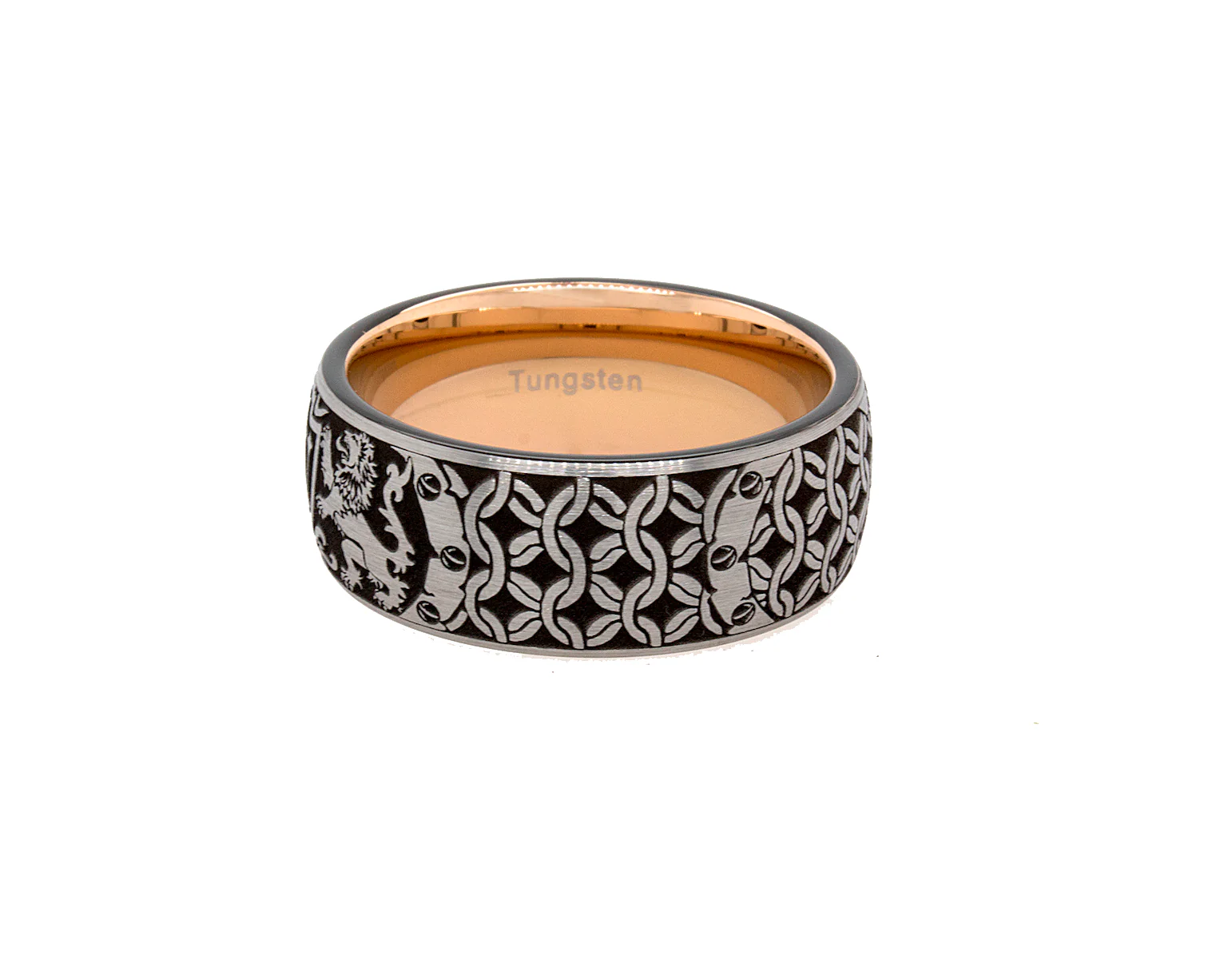 9mm Custom Made Tungsten Ring with Rose Gold Interior, Medieval Engravings, Personalized Initial and Two Lions - Image 5