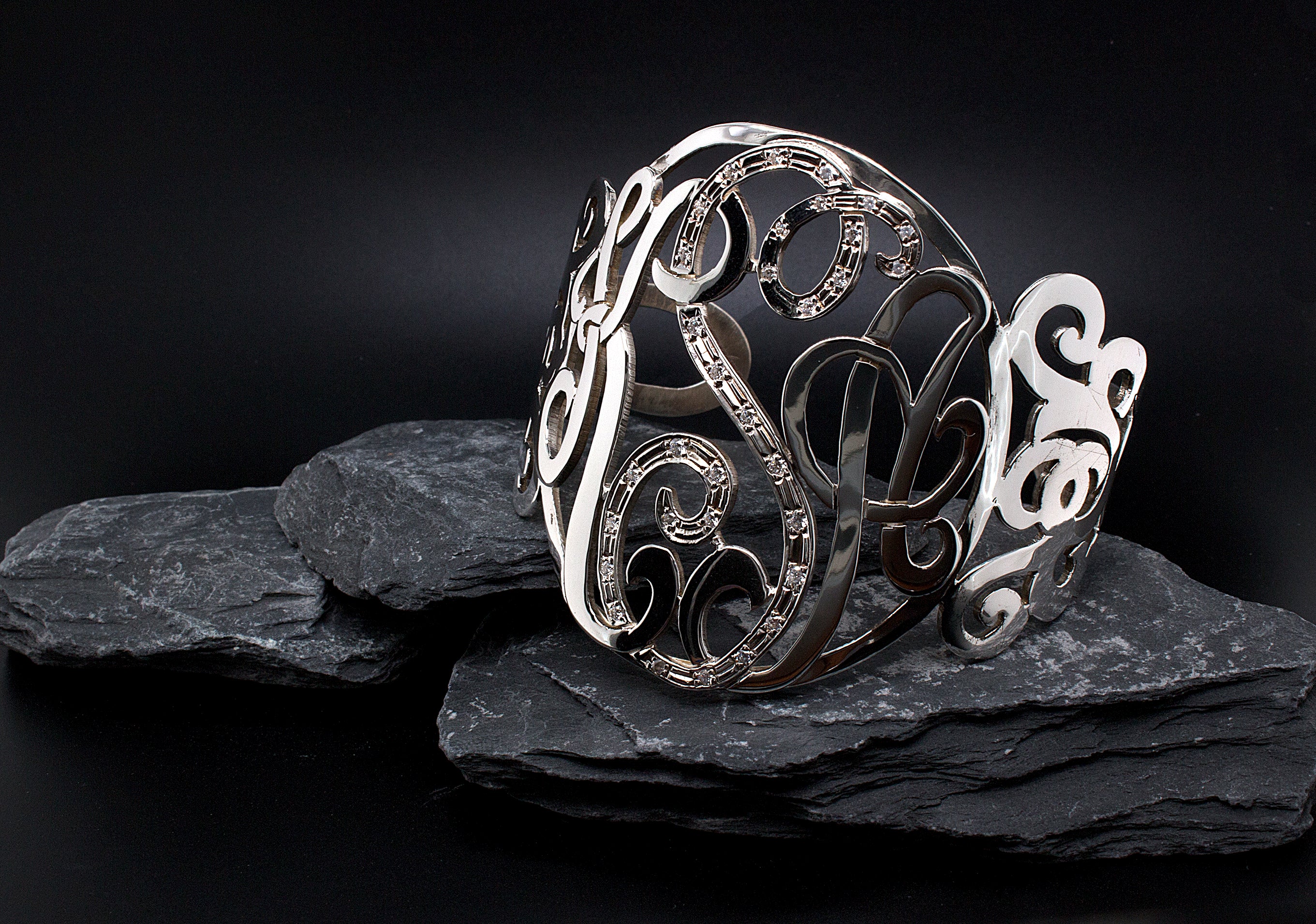 Custom Silver Monogram Cuff Bracelet with Cubic Zirconia - Image 5