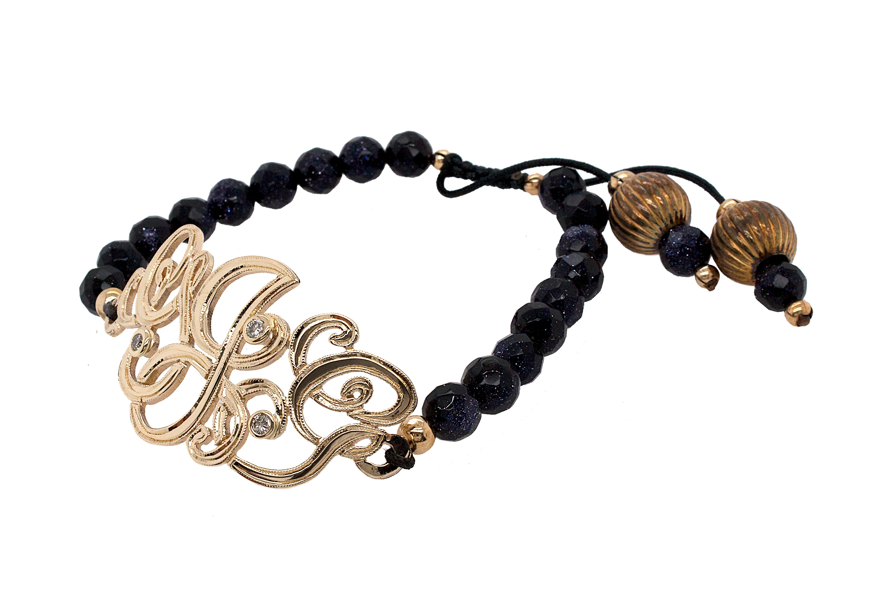 Custom Solid Gold Monogram Bracelet with Diamonds and Sandstone Beads - Image 3