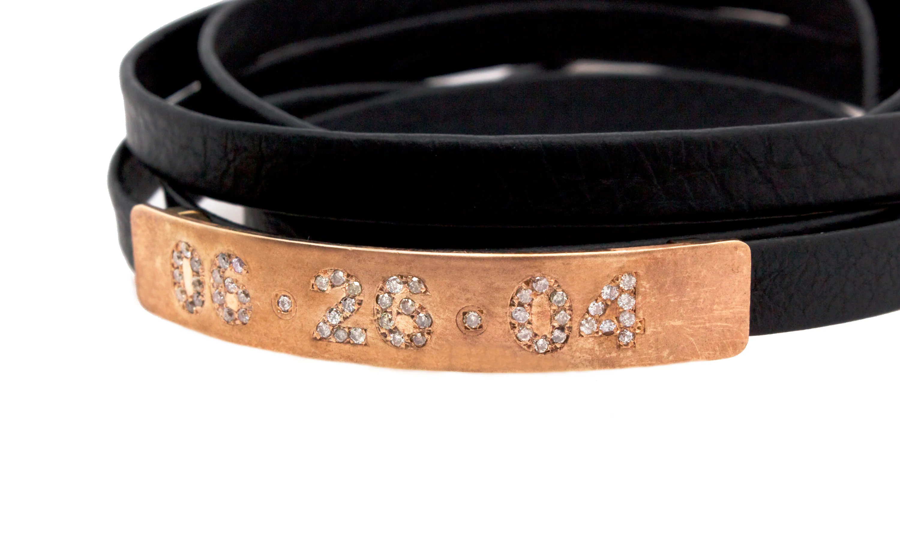 Custom Solid Rose Gold Bar Bracelet with Personalized Date Set in Diamonds and Black Strappy Leather - Image 3